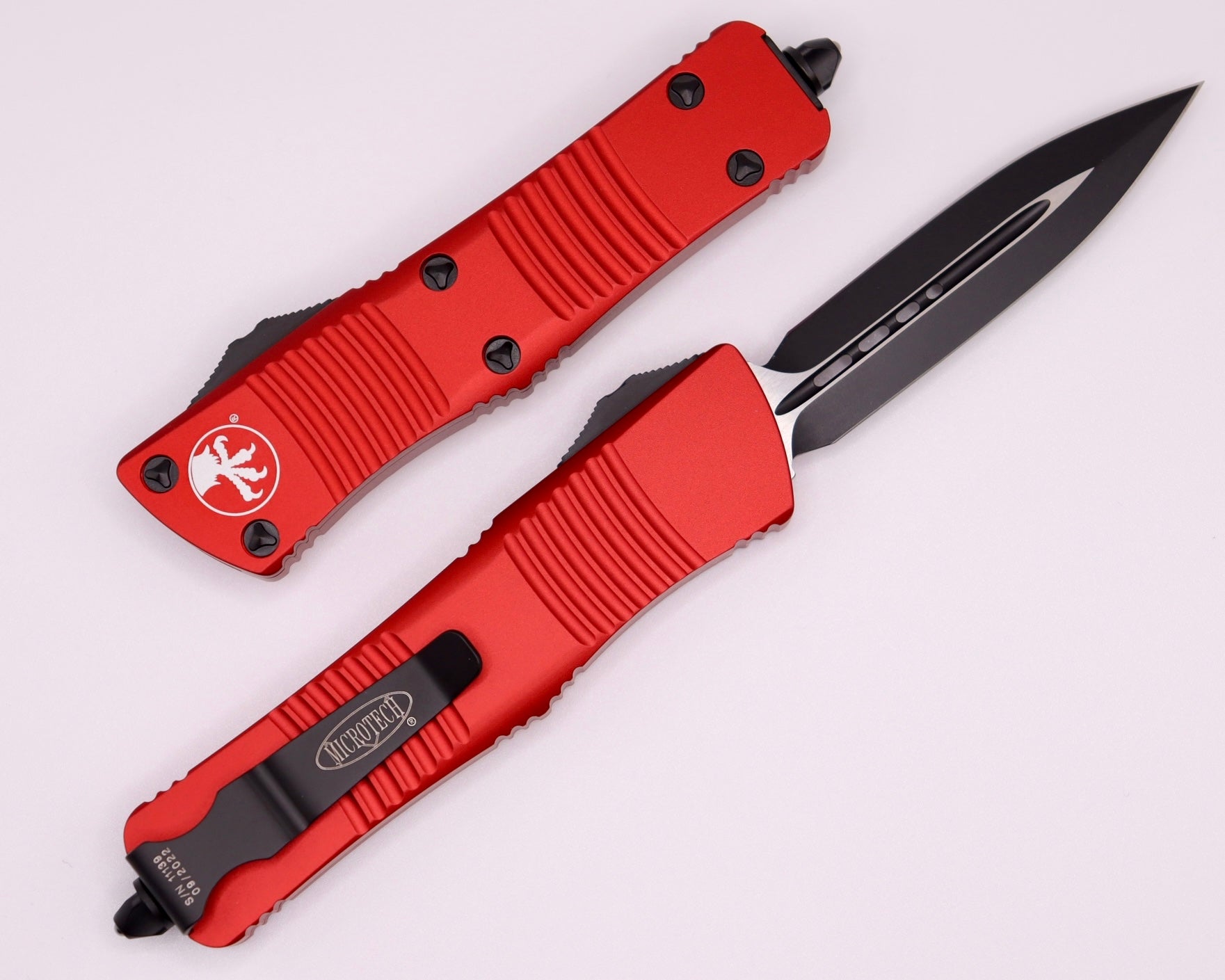 Microtech Troodon Black Double Edge OTF Knife with Red Accents - Ultimate Precision Tool