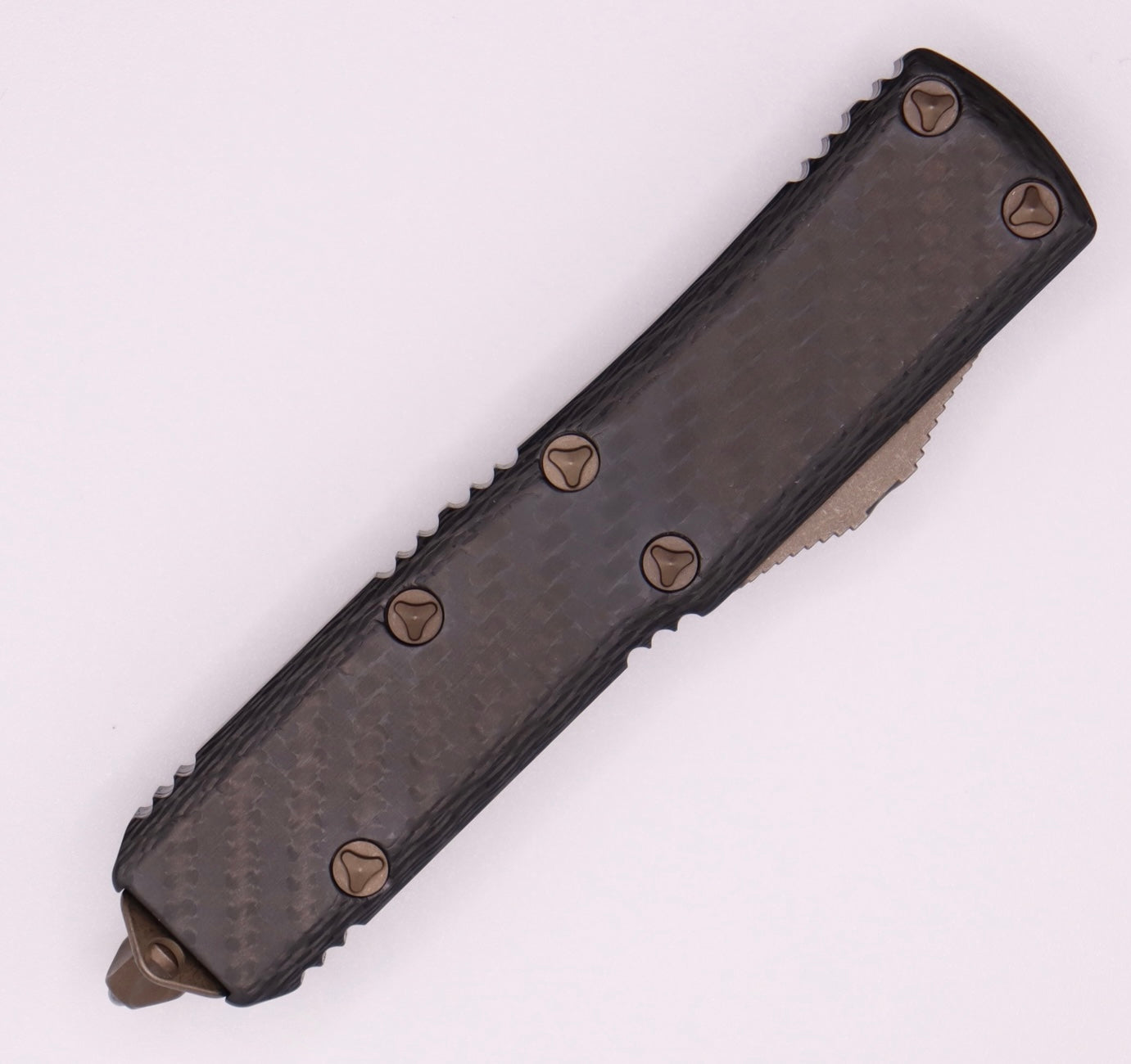 Premium Microtech UTX-85 Spartan Apocalyptic Bronze EDC Knife with Carbon Fiber Top