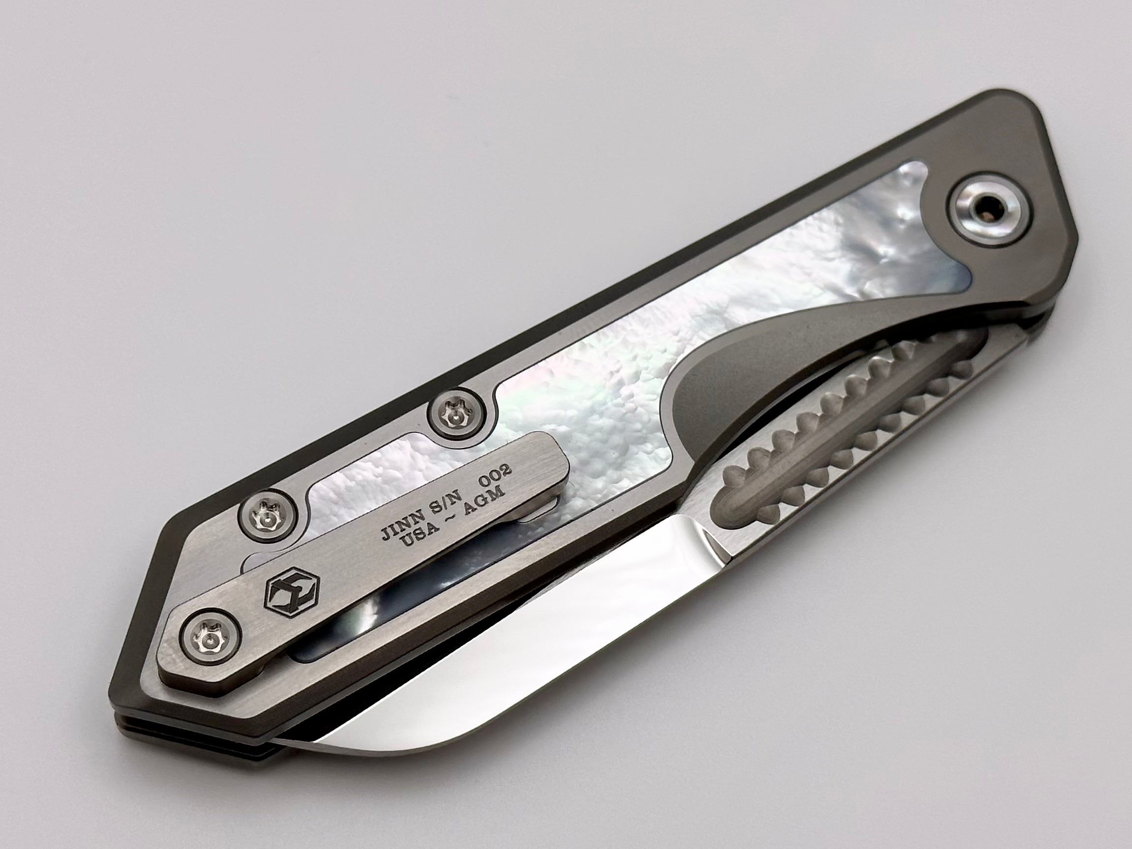 Heretic Knives Jinn Custom Titanium Folding Knife - Premium Mother of Pearl Inlay & Mirror Polished Elmax Blade