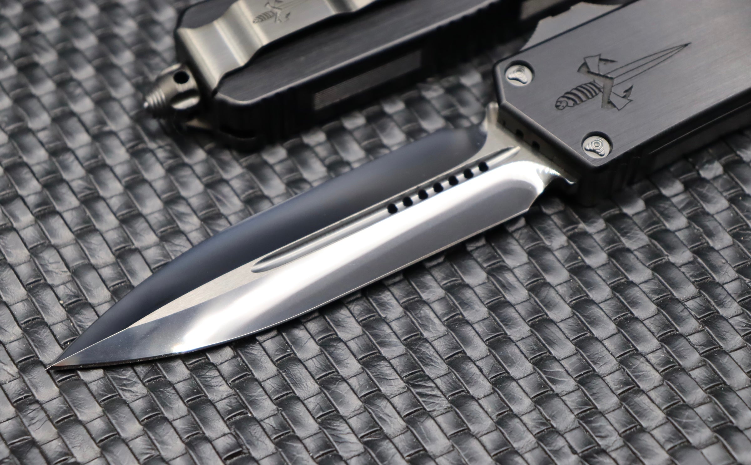 Premium Marfione Scarab II Tactical OTF Knife - DLC Diamond Wash with Hefted Black Handle & Ringed Hardware