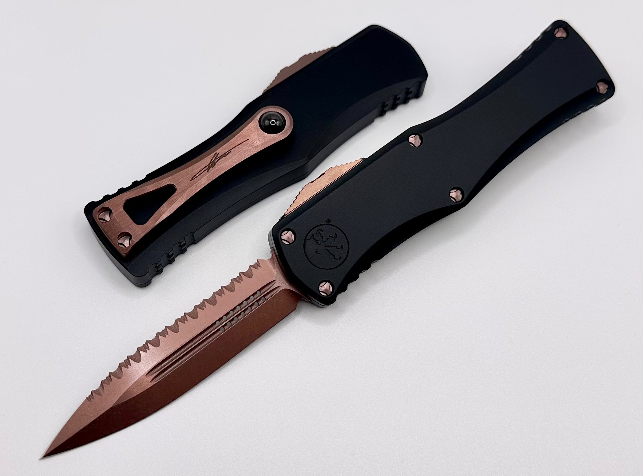 Microtech Hera Premium Deep Engraved Tactical Knife - Black & Rose Gold PVD, Fully Serrated Edge