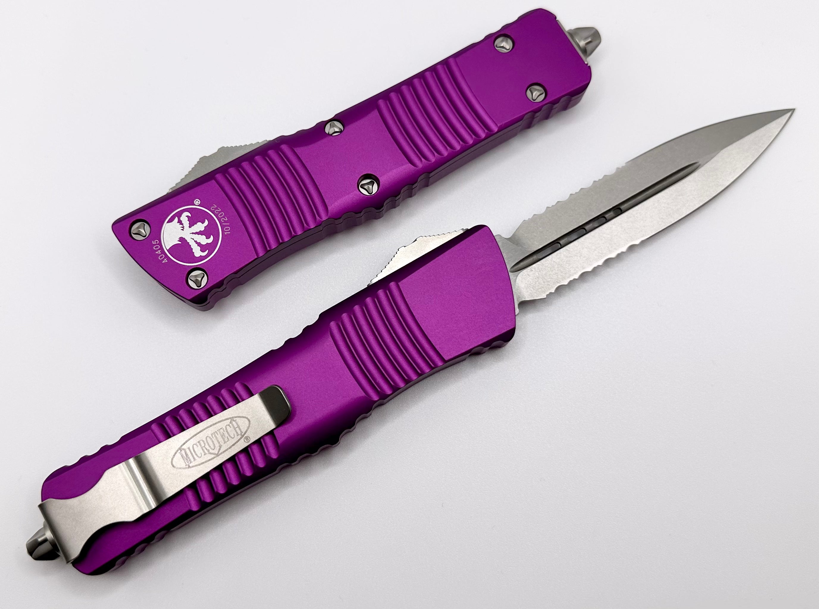Premium Microtech Combat Troodon Violet Tactical Knife - Double Edge Stonewash Partial Serrated