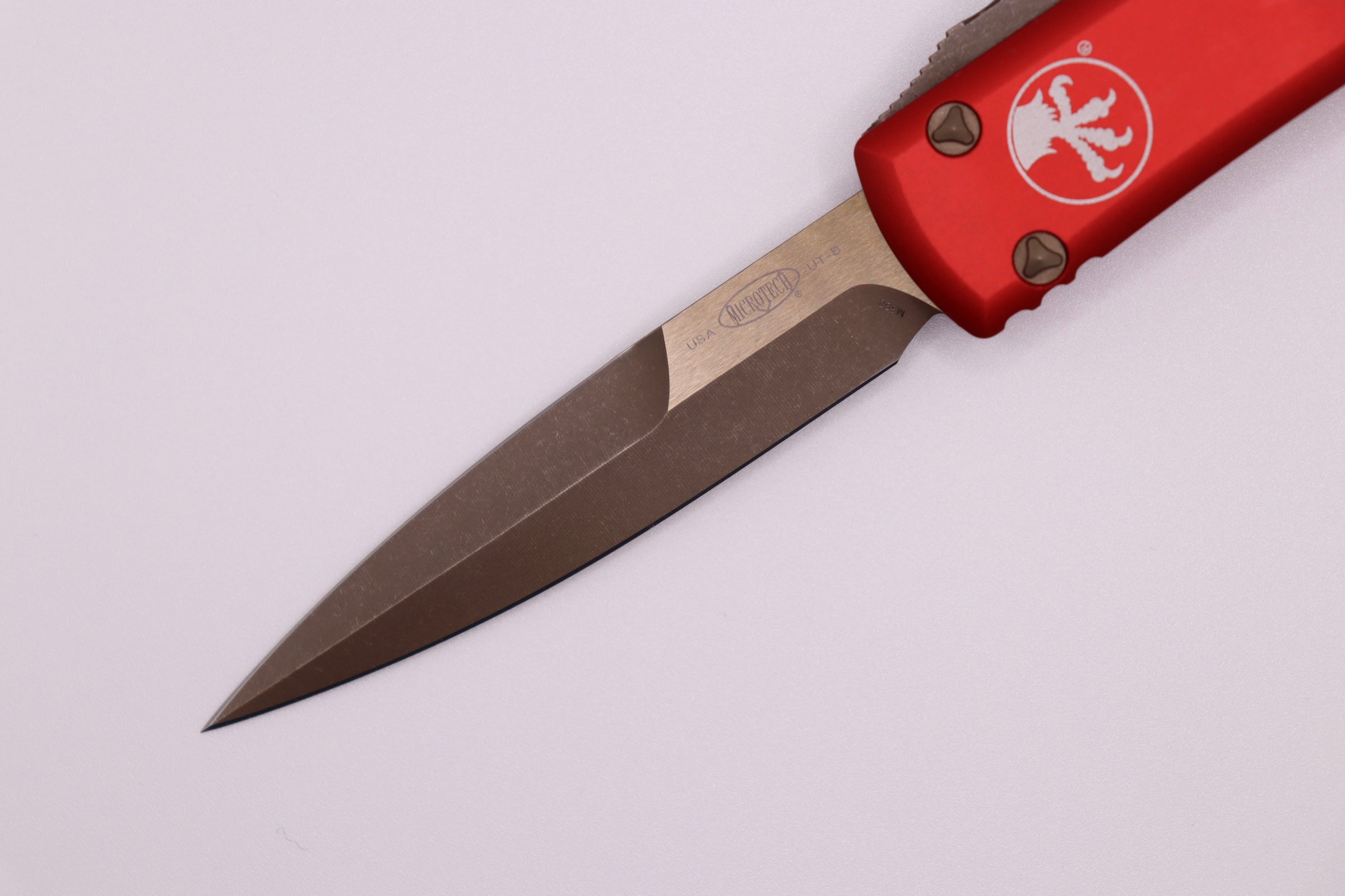 Premium Microtech Ultratech Bronze Apocalyptic OTF Knife with Red Accents