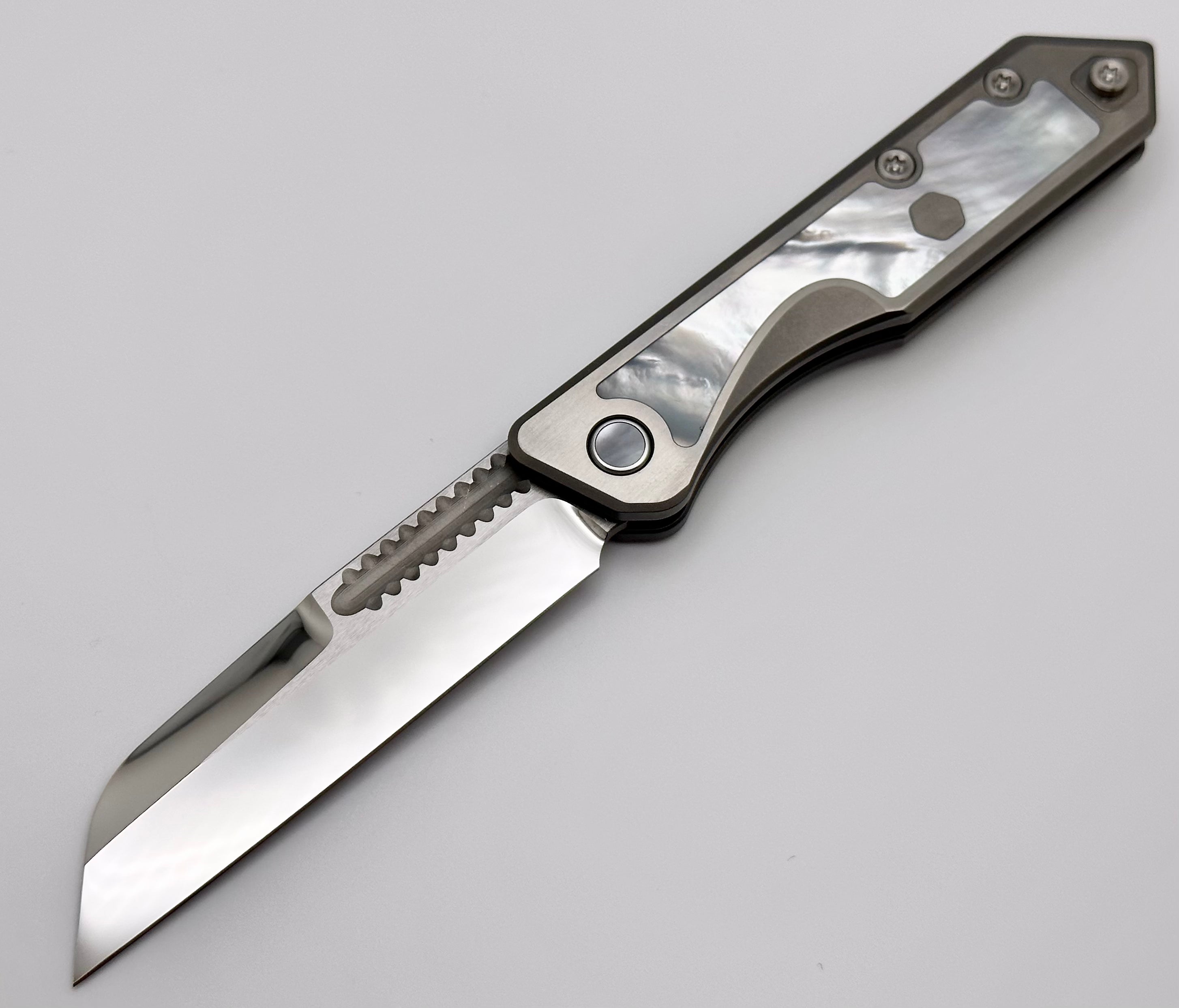 Heretic Knives Jinn Custom Titanium Folding Knife - Premium Mother of Pearl Inlay & Mirror Polished Elmax Blade