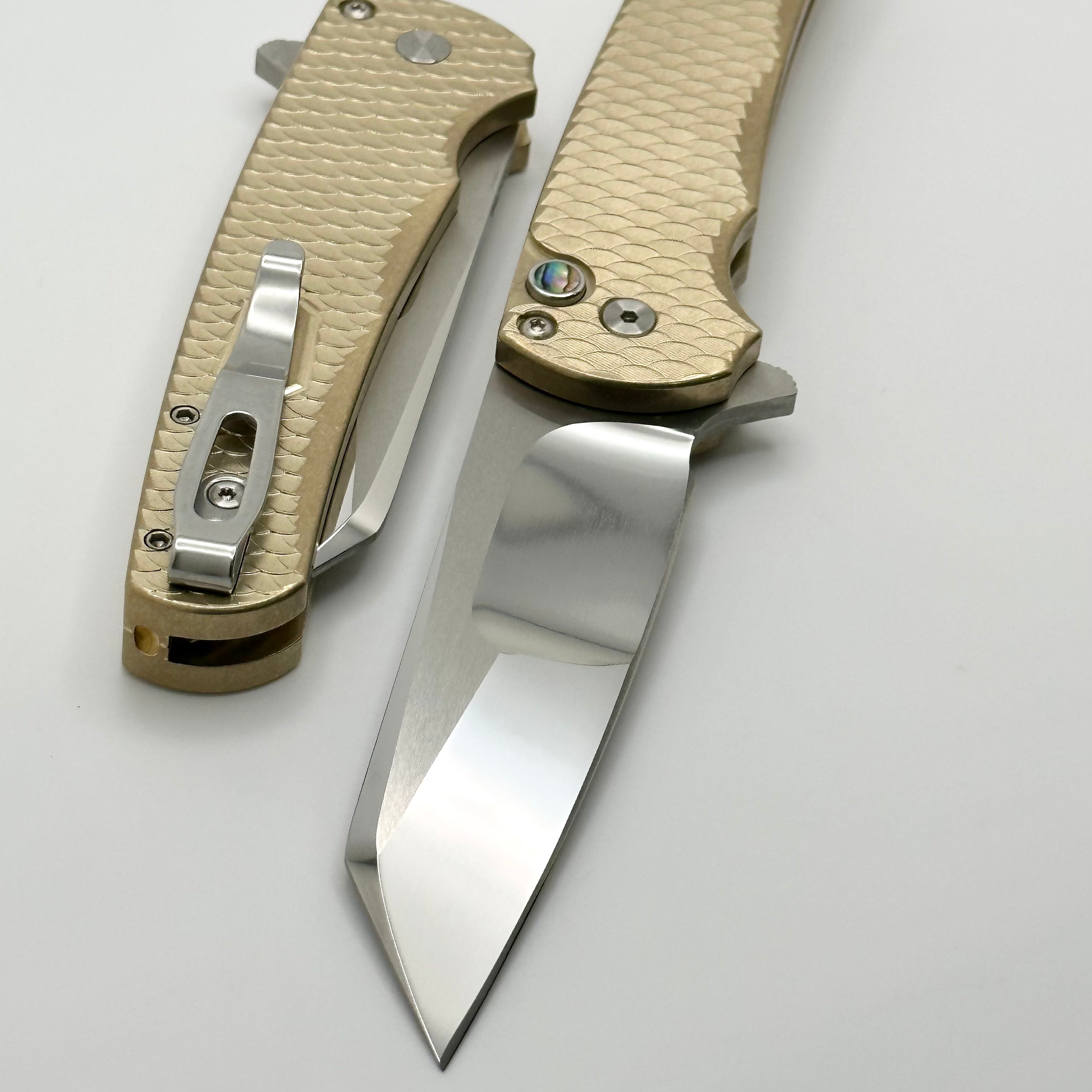 Pro-Tech Malibu Bronze Dragon Scale Titanium Folding Knife with Abalone Button & Mirror Tanto Blade