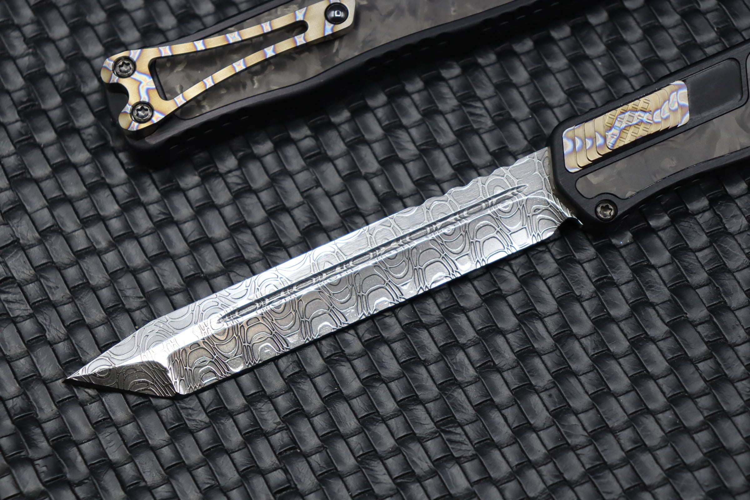 Premium Heretic Knives Cleric II: Ultimate Damascus Tanto with Marble Carbon Fiber Inlays & Flamed Accents