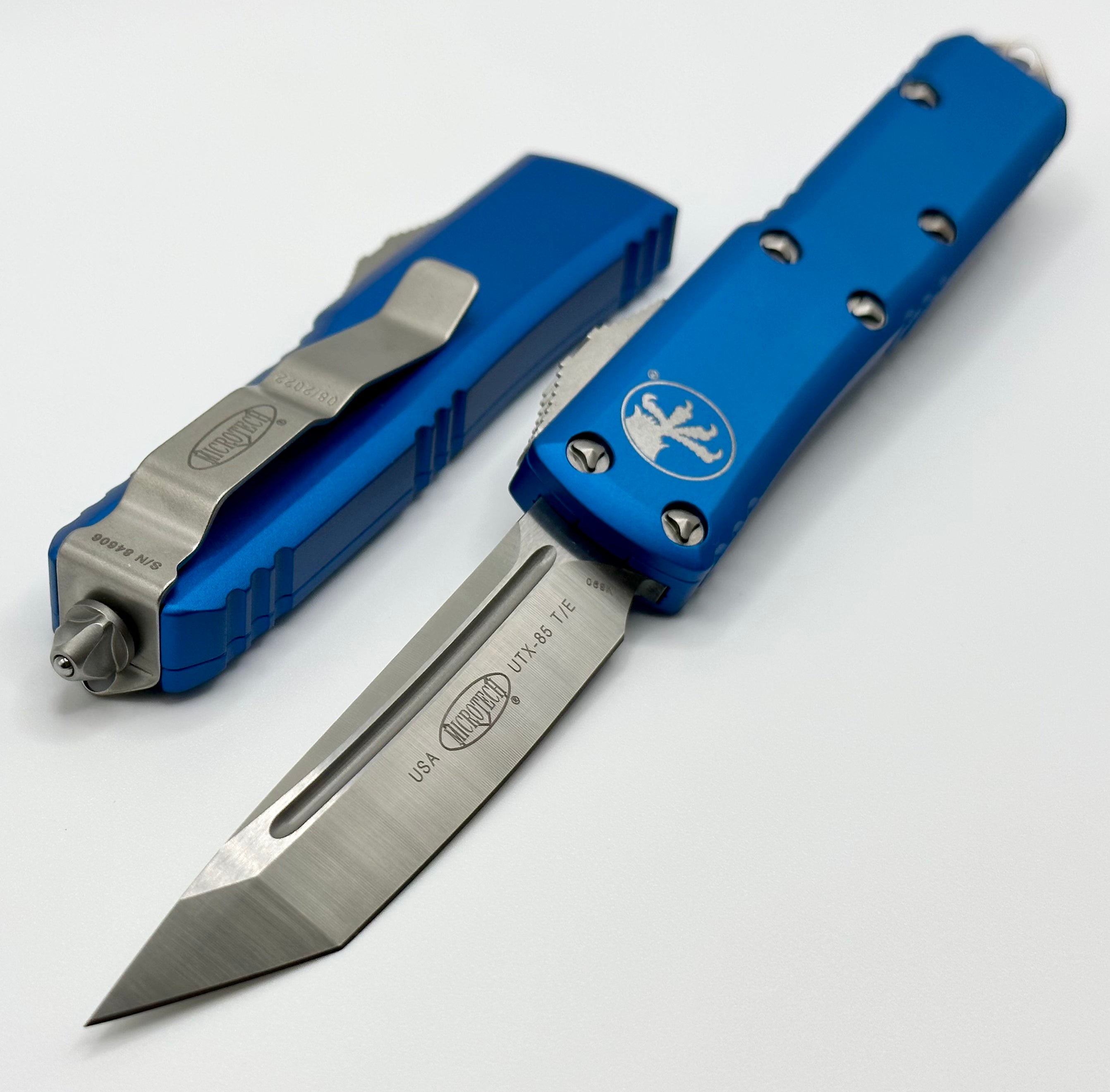 Premium Microtech UTX-85 Tanto Knife - Satin Finish & Blue Handle