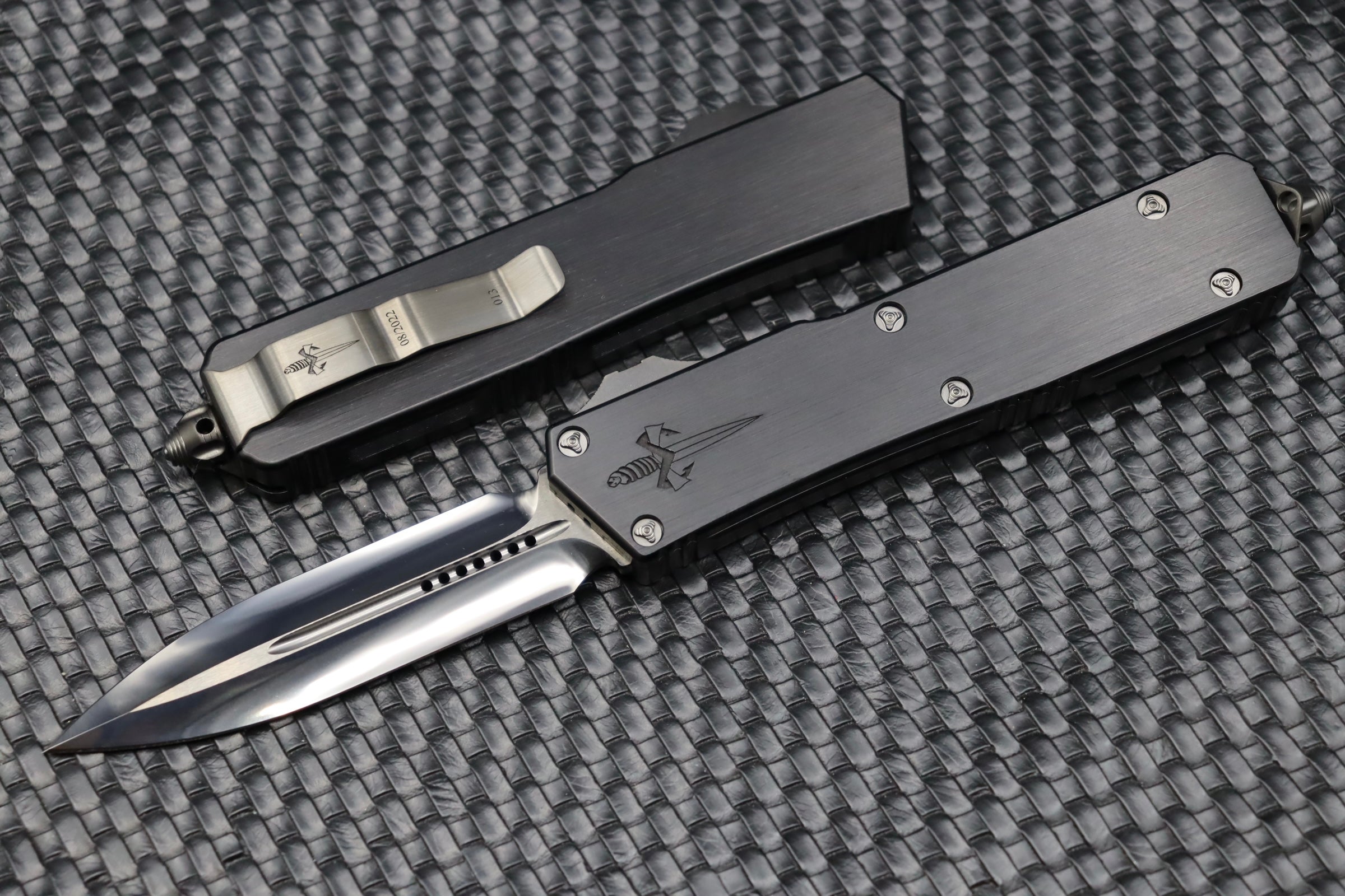 Premium Marfione Scarab II Tactical OTF Knife - DLC Diamond Wash with Hefted Black Handle & Ringed Hardware