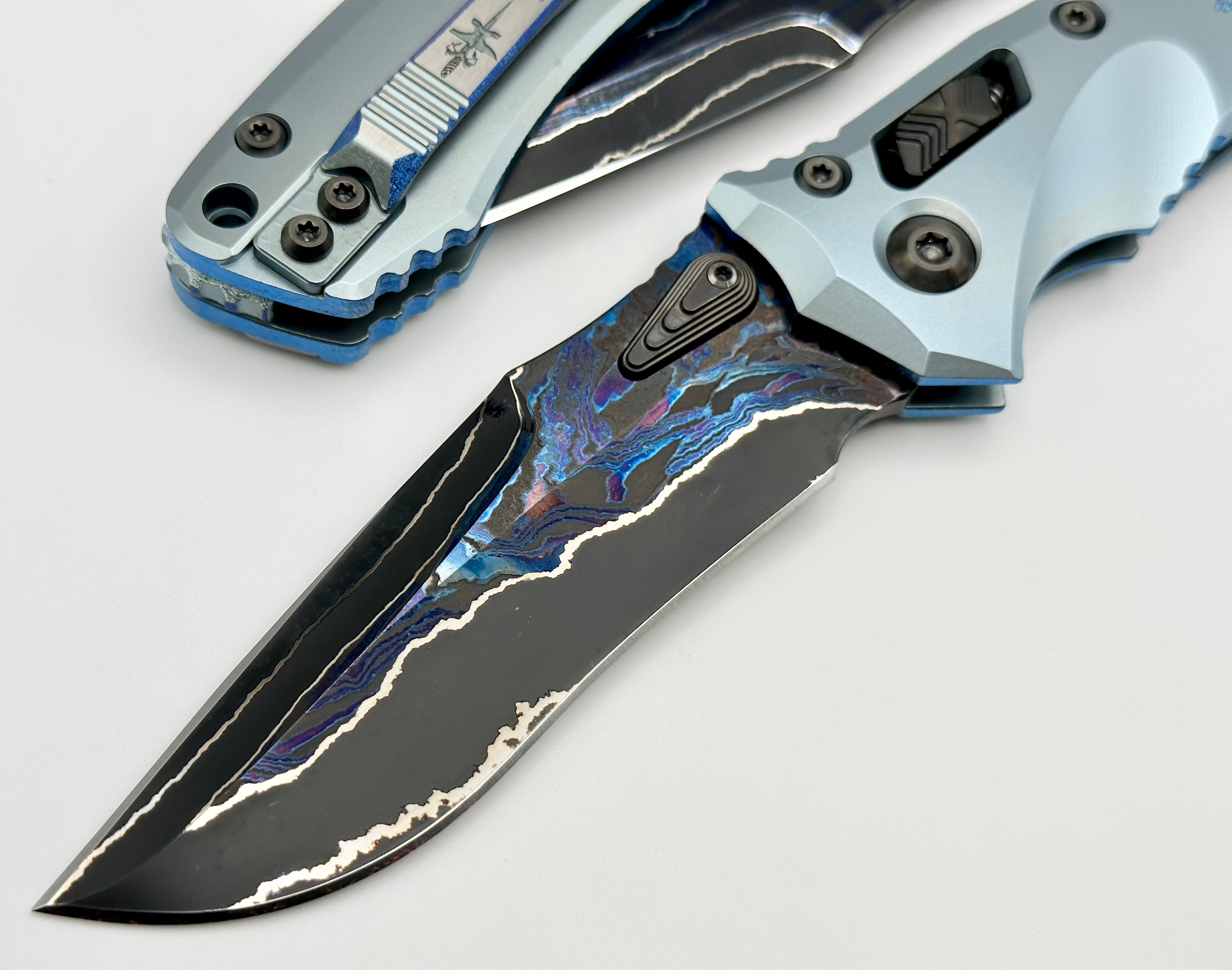 Marfione Custom Knives Amphibian RAM-LOK Metroid Broken Anvil Damascus & Ice Blue Stippled Titanium Dagger