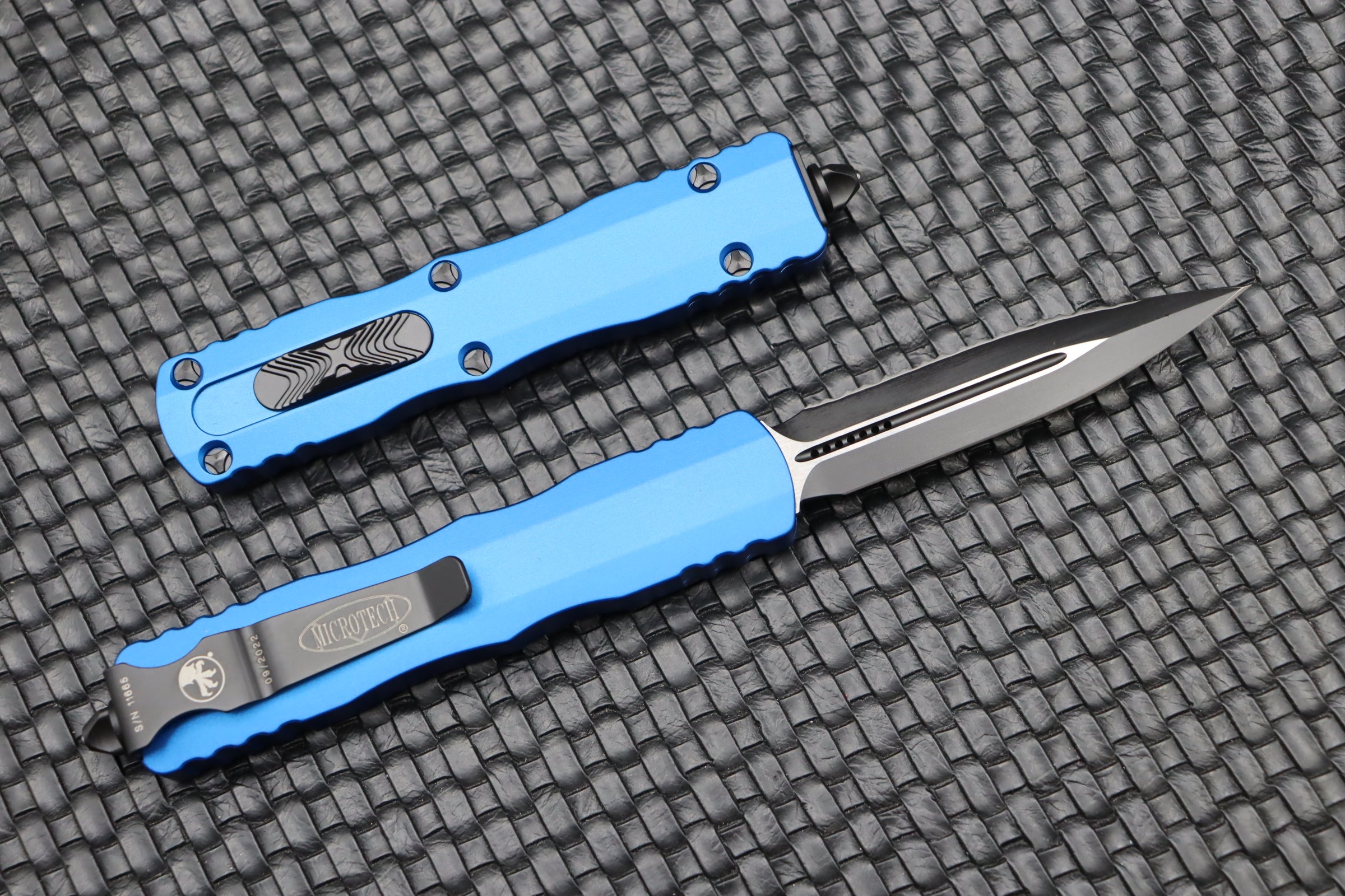 Microtech Dirac Premium Double Edge Serrated Tactical Knife - Blue