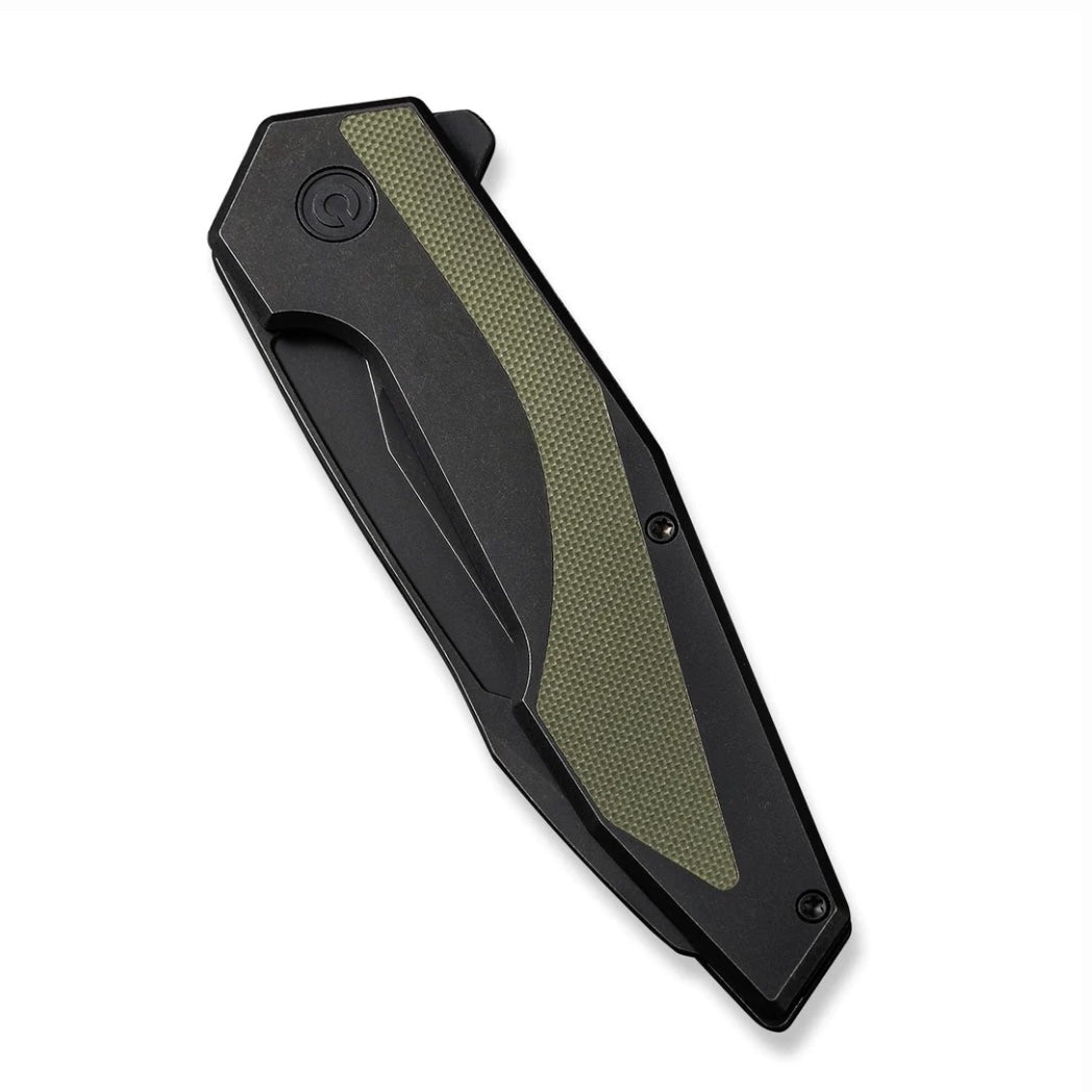 Civivi Hypersonic Flipper Knife - Premium Black Steel Handle with OD Green G-10 Inlays & Black Stonewash Blade