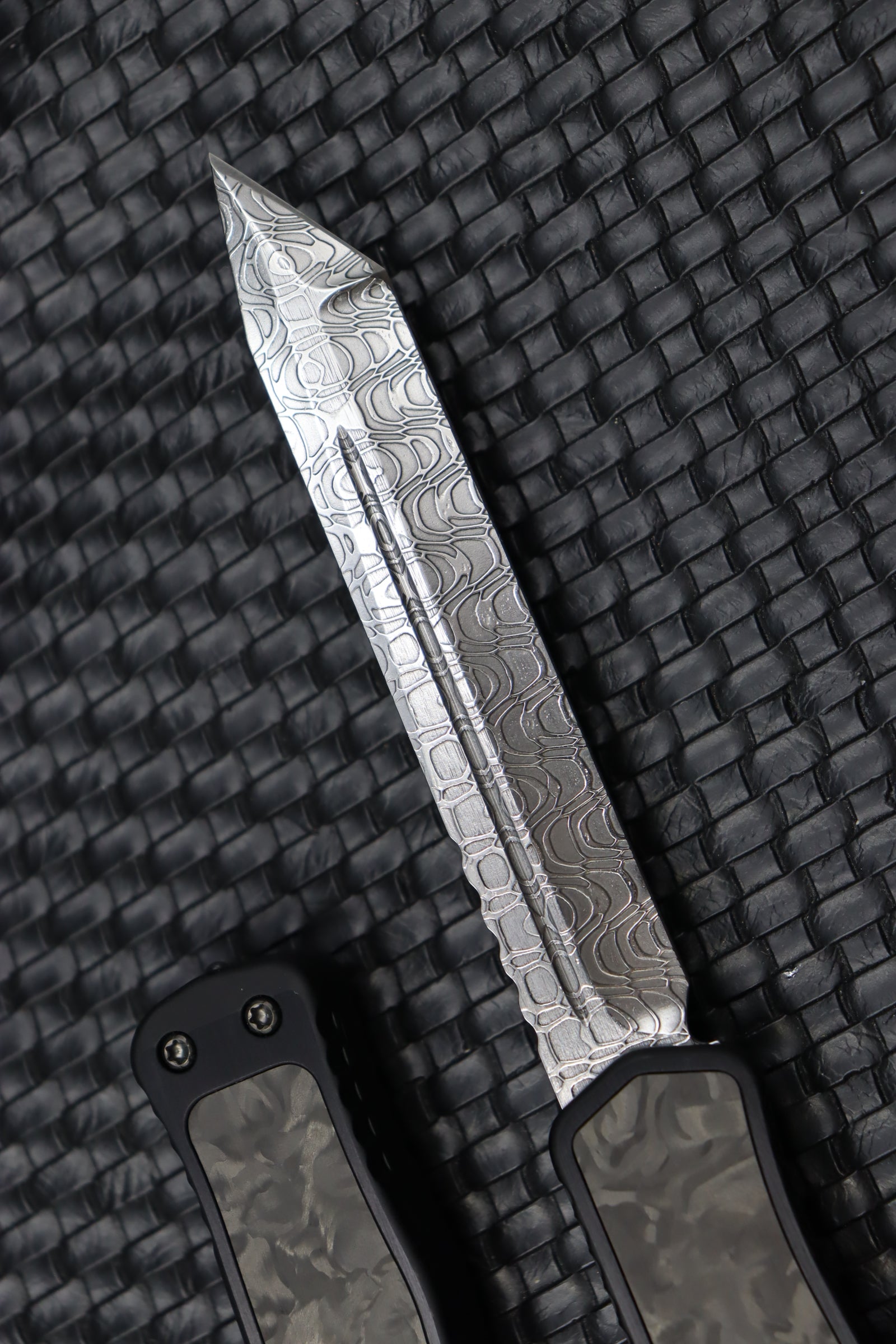 Premium Heretic Knives Cleric II: Ultimate Damascus Tanto with Marble Carbon Fiber Inlays & Flamed Accents