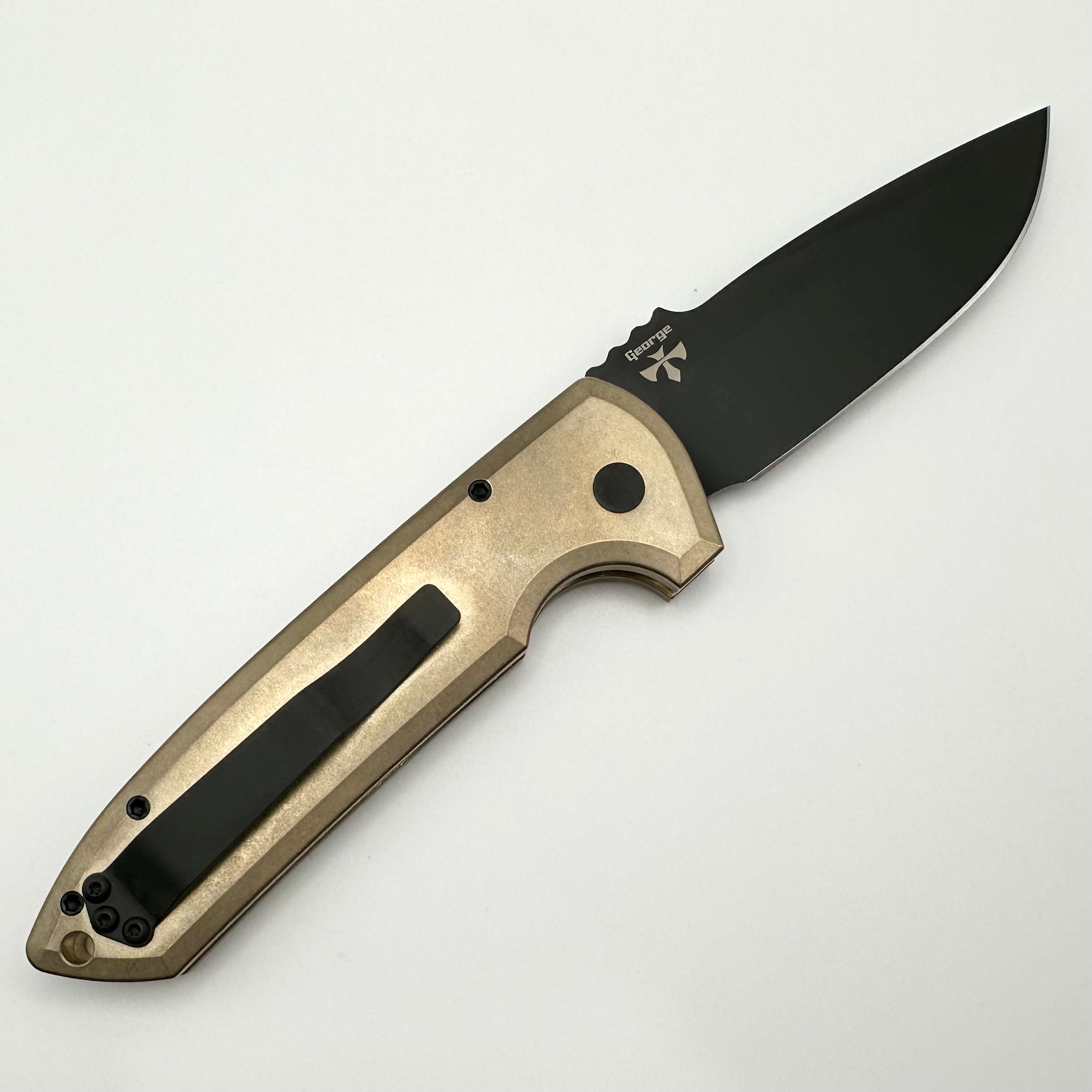 Pro-Tech Les George Rockeye Premium Folding Knife - Textured AlBronze Handle with Mother of Pearl Button & DLC CPM-D2 Blade