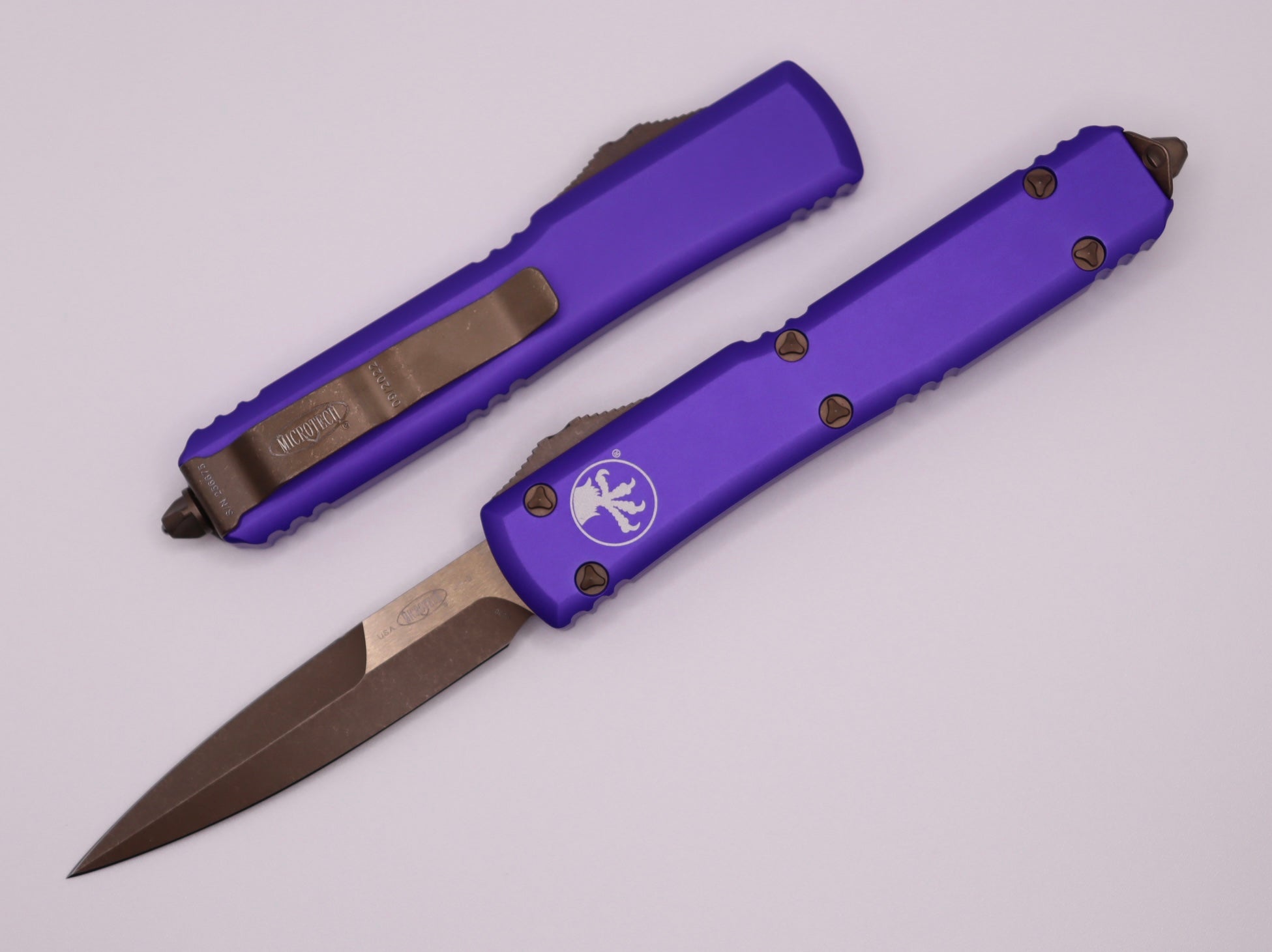 Premium Microtech Ultratech Bronze Apocalyptic OTF Knife with Purple Handle