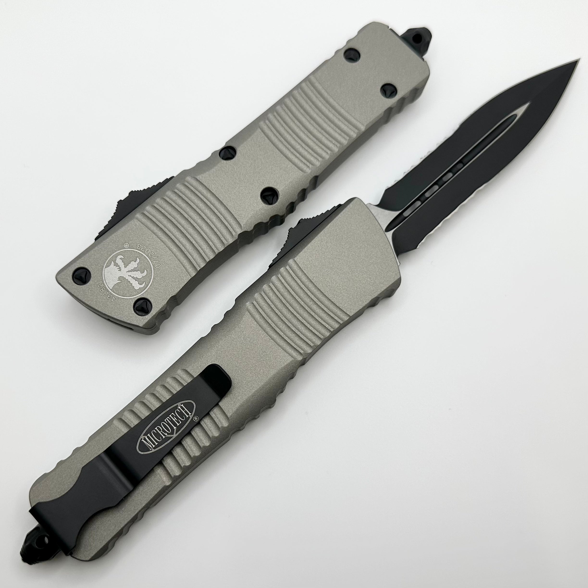 Premium Microtech Combat Troodon Titanium Gray & Black Serrated Double Edge Knife