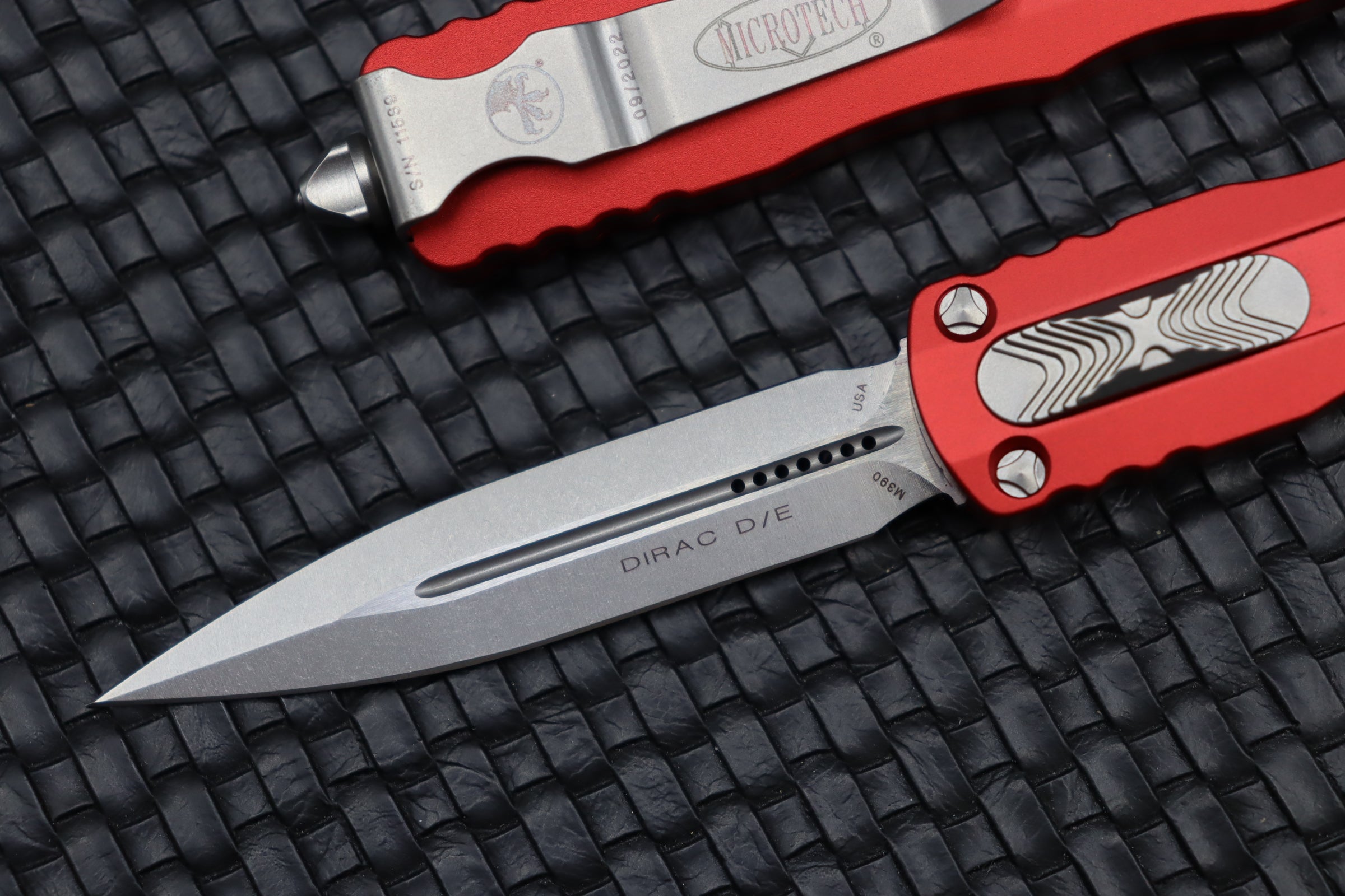 Microtech Dirac D/E Premium Stonewash Knife with Red Accents