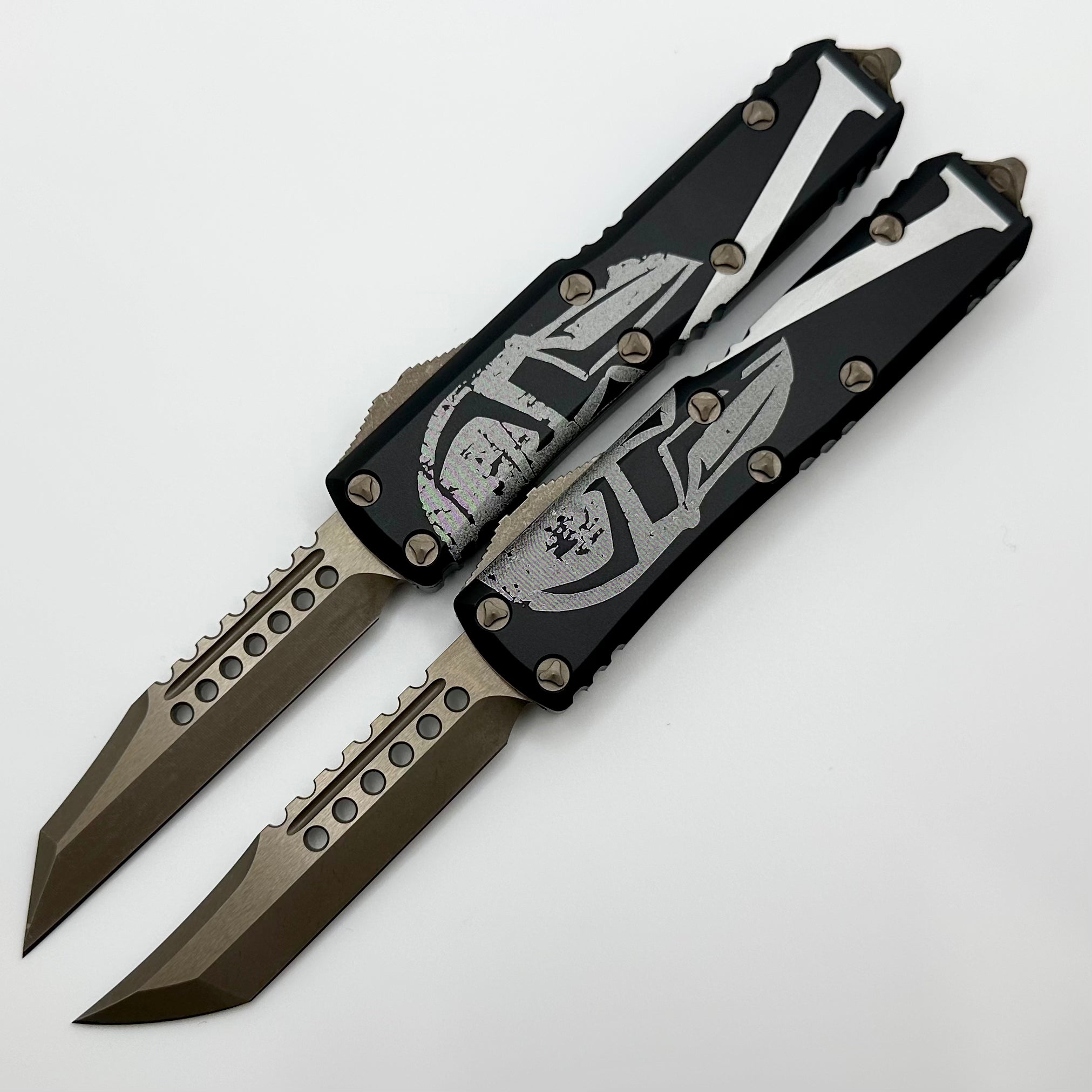 Microtech UTX-85 Signature Series: Premium Molon Labe Hellhound & Warhound Set in Bronze Apocalyptic Finish