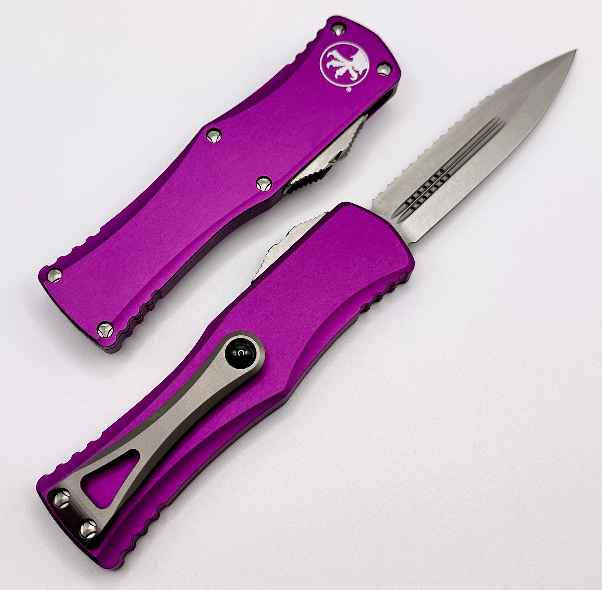 Microtech Hera Double Edge Knife - Premium Stonewash Finish with Violet Handle