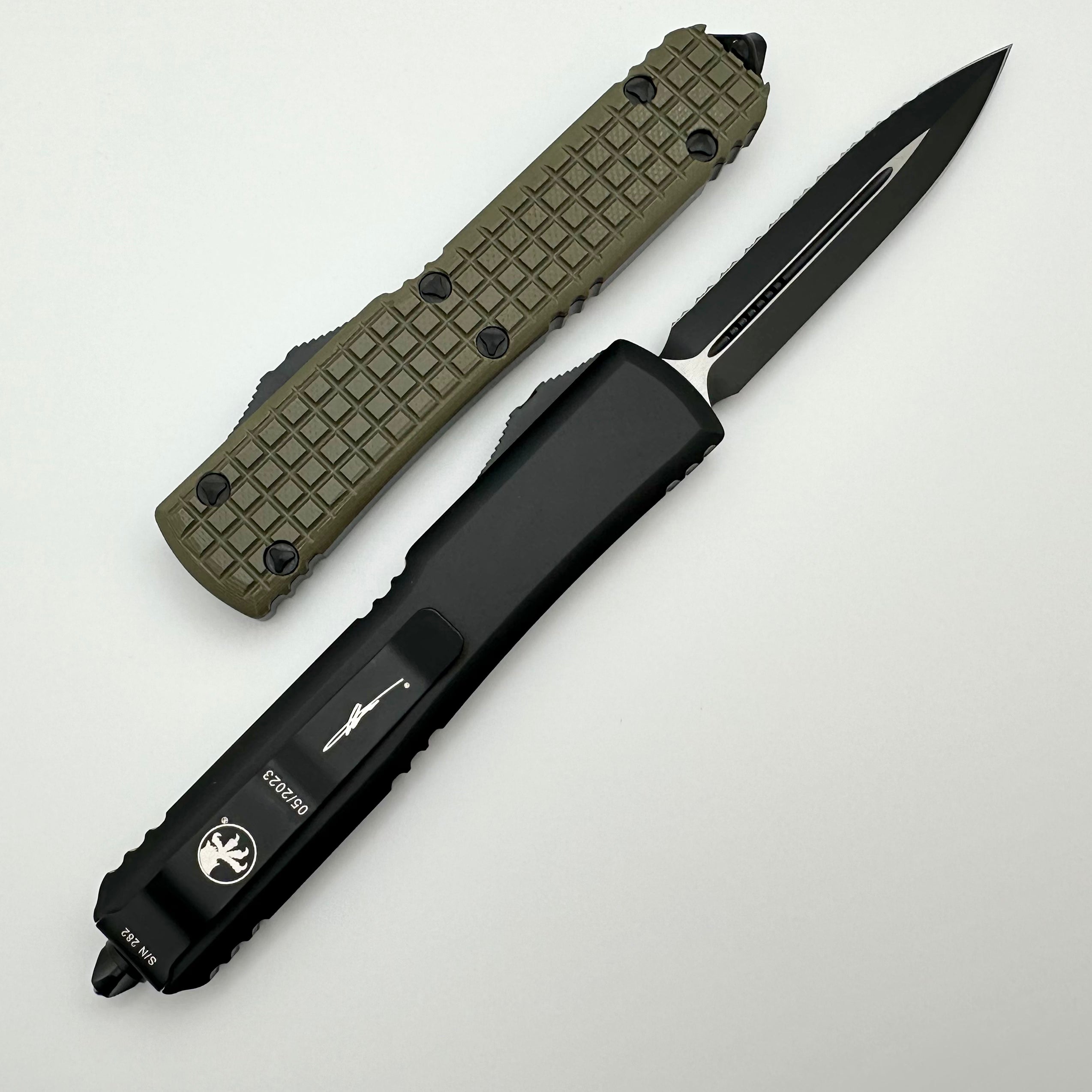 Microtech Ultratech Tactical Knife - OD Green Frag G-10 Top, Double Edge Serrated Blade