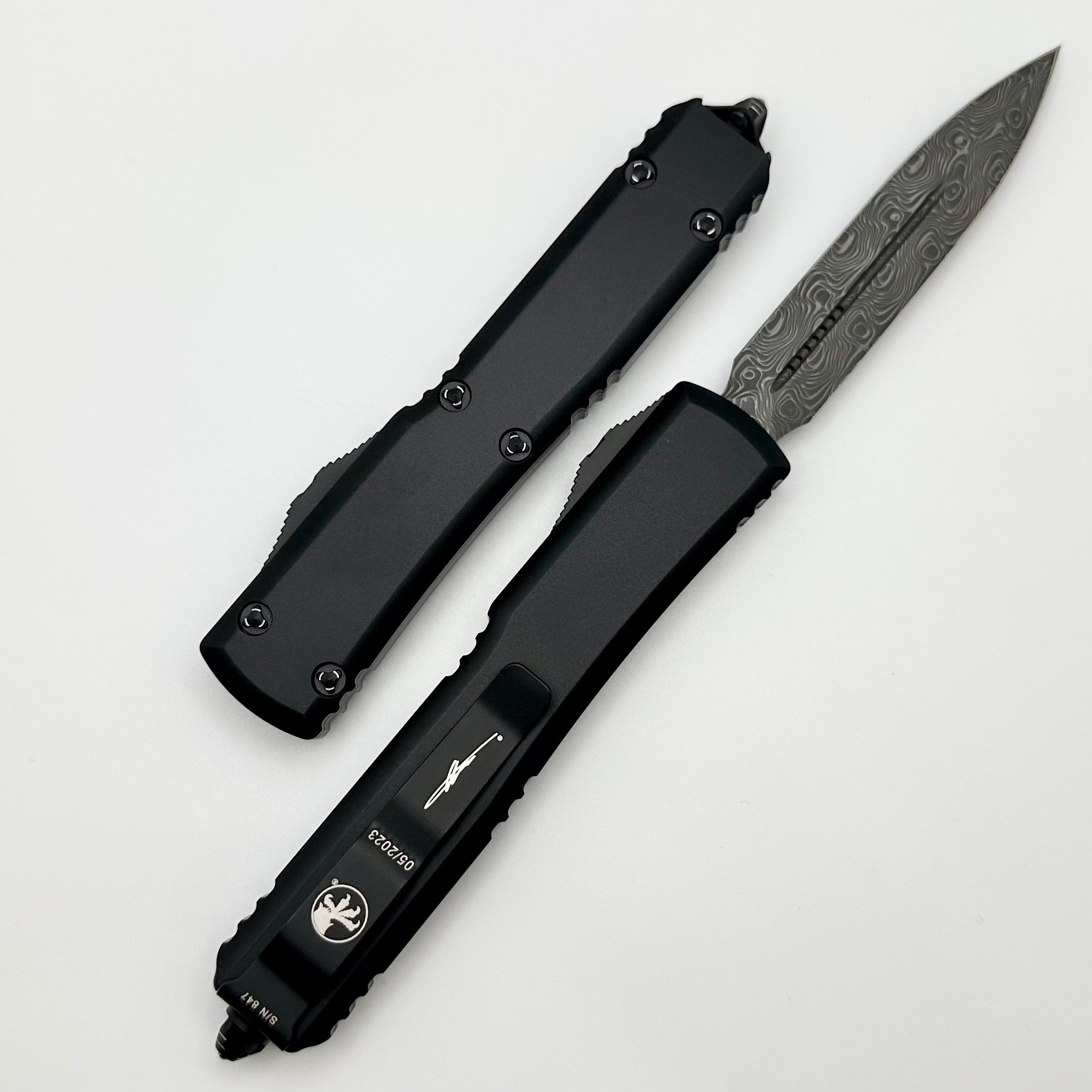 Premium Microtech Ultratech Damascus Double Edge Knife - Signature Series with Ringed Hardware