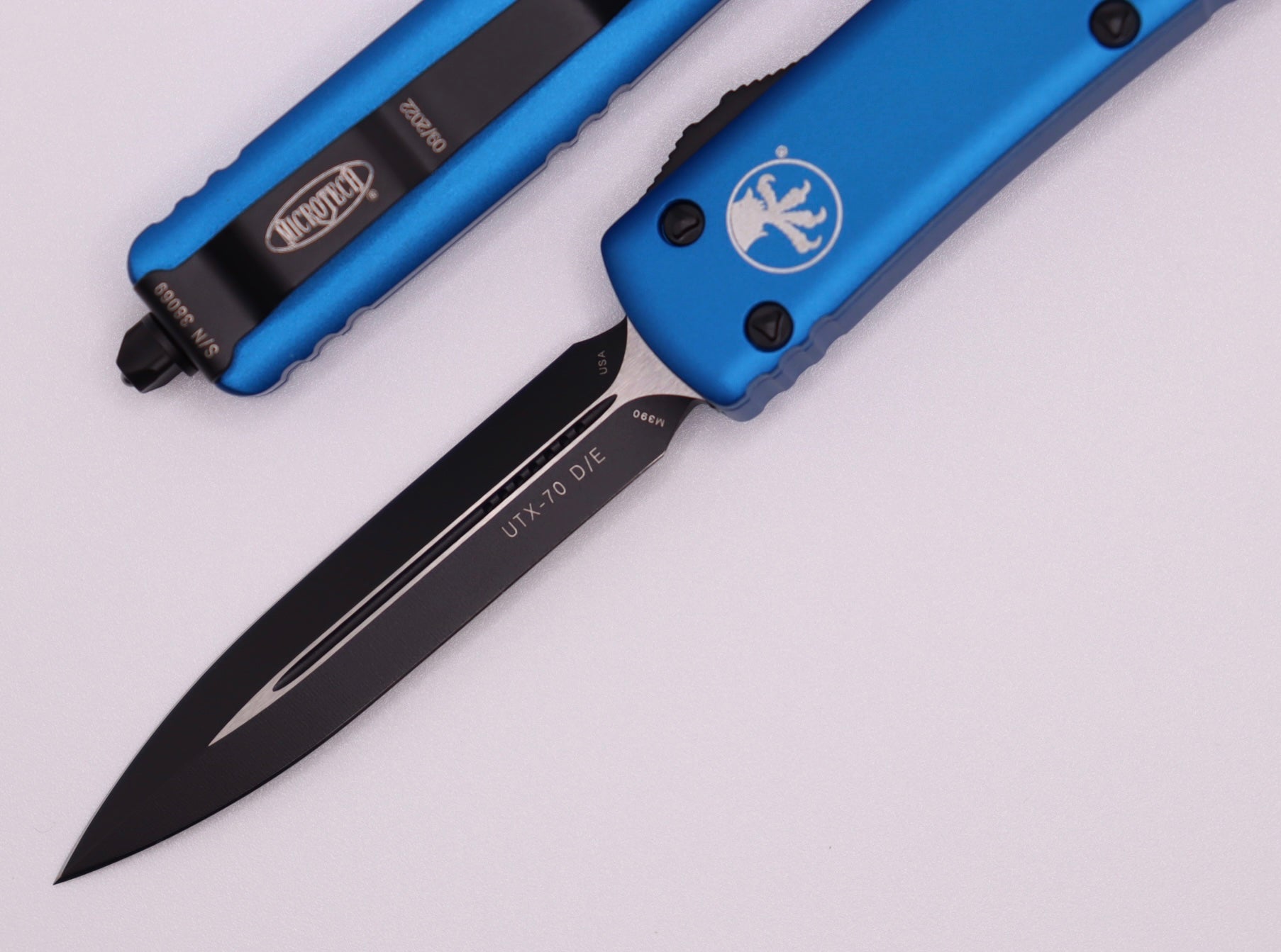 Premium Microtech UTX-70 Double Edge Tactical Knife - Black & Blue