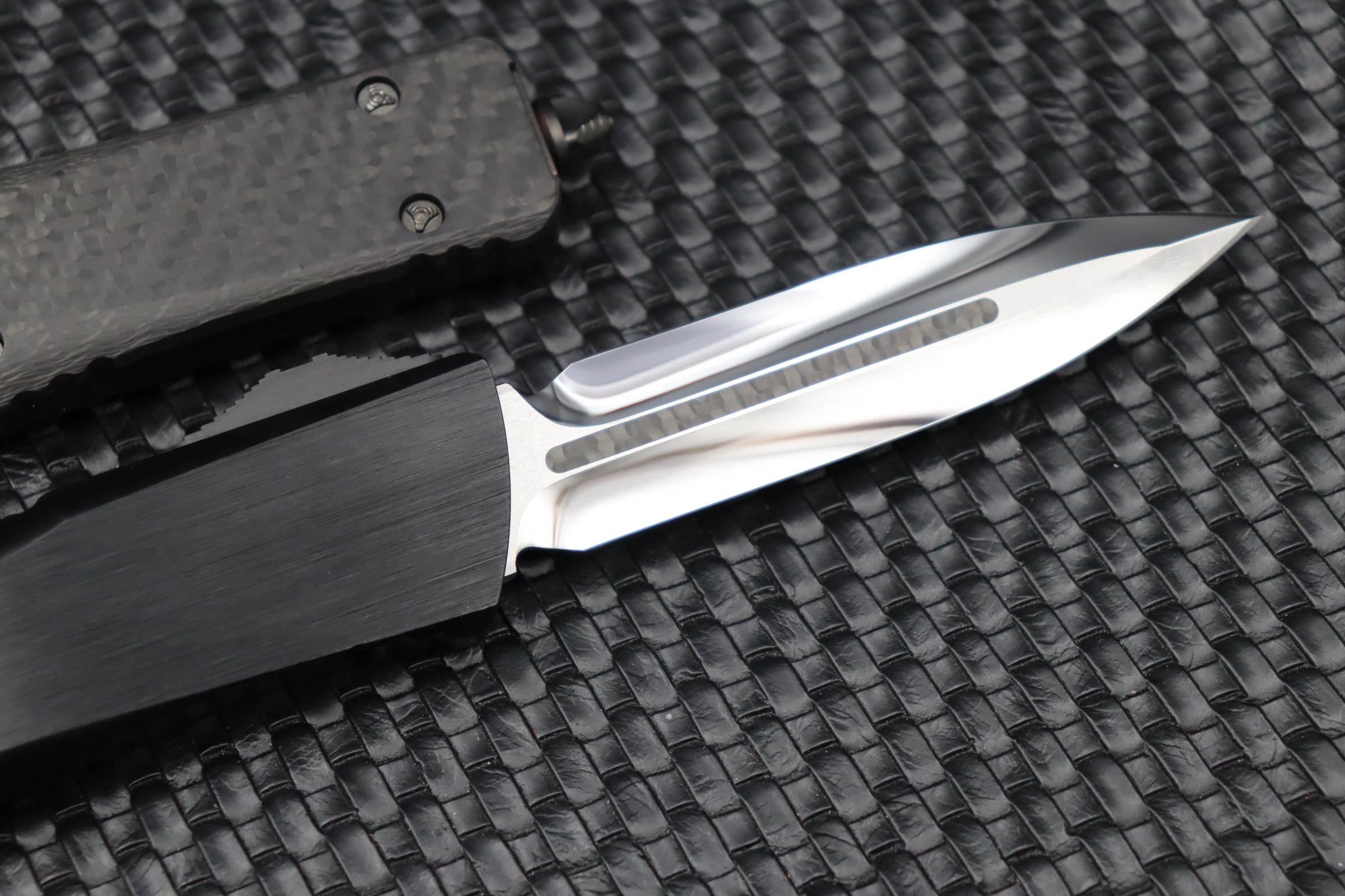 Ultimate Marfione Custom Combat Troodon OTF Knife - Mirror Polish, Carbon Fiber Inlays & DLC Hardware