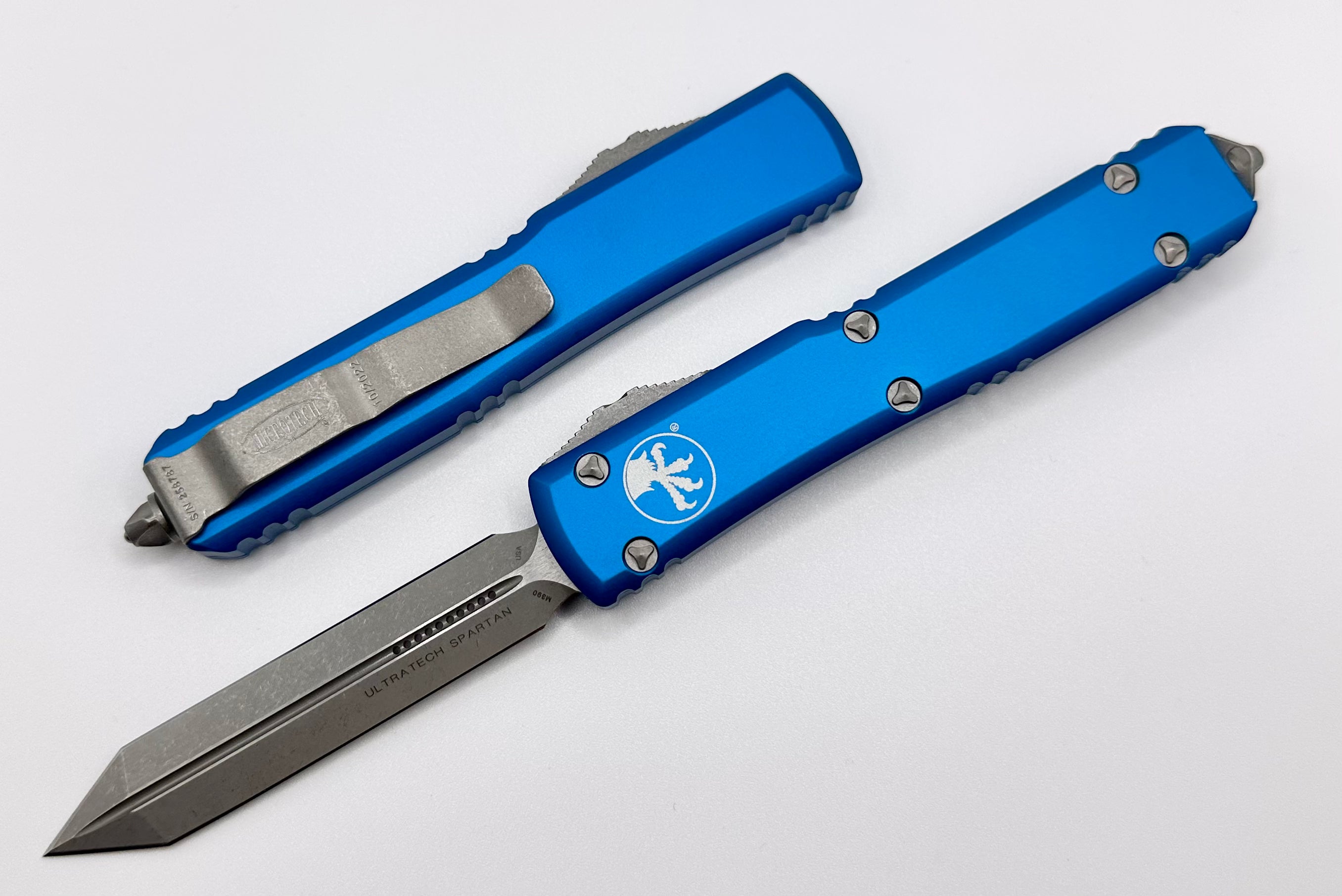 Microtech Ultratech Spartan Apocalyptic Standard & Blue 223-10APBL | Premium Tactical OTF Knife