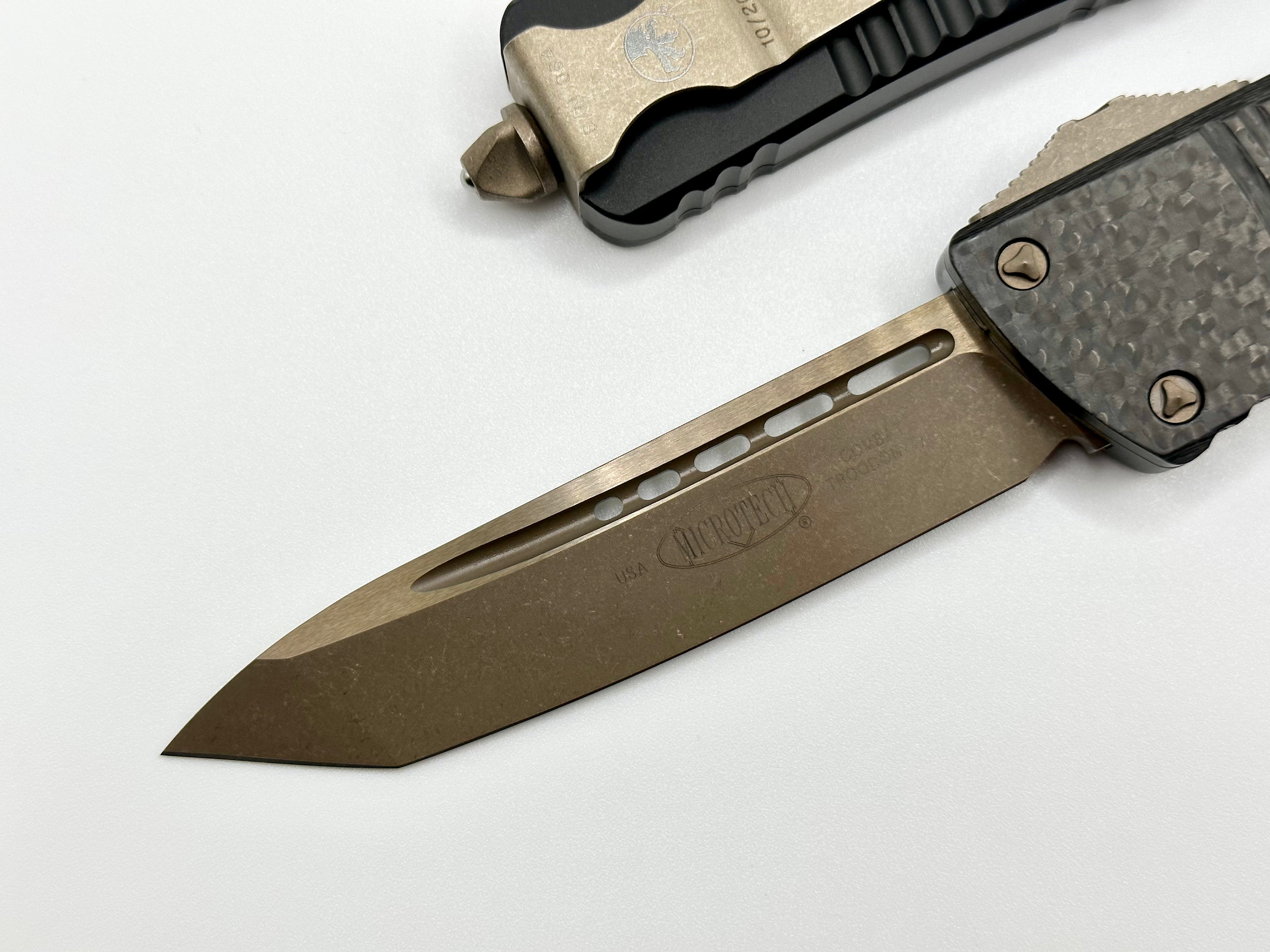 Microtech Combat Troodon Tanto T/E - Ultimate Tactical OTF Knife with Apocalyptic Bronze & Carbon Fiber Finish