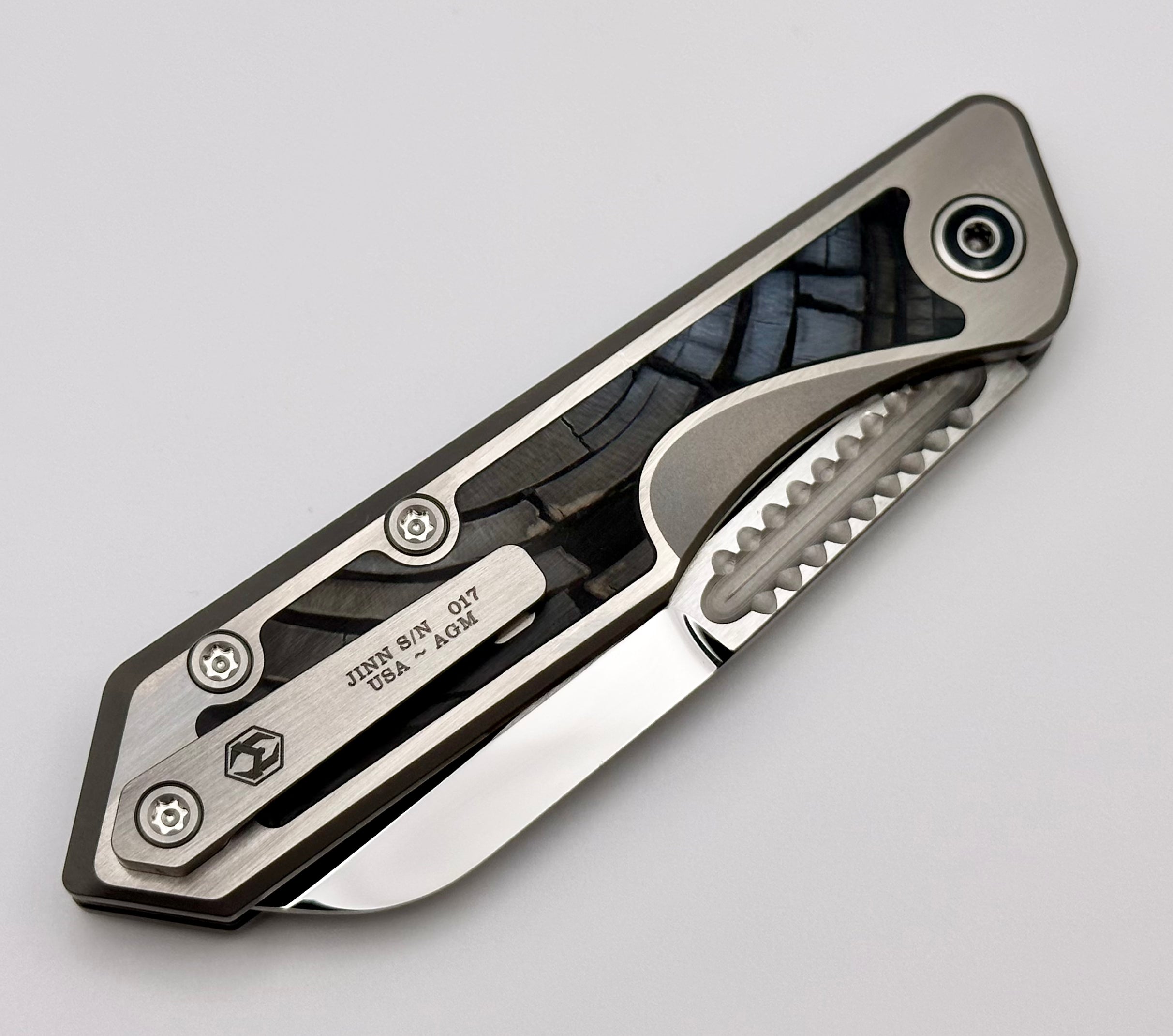 Premium Heretic Knives Jinn Custom Titanium Folding Knife with Mammoth Inset & Mirror Polished Elmax Blade