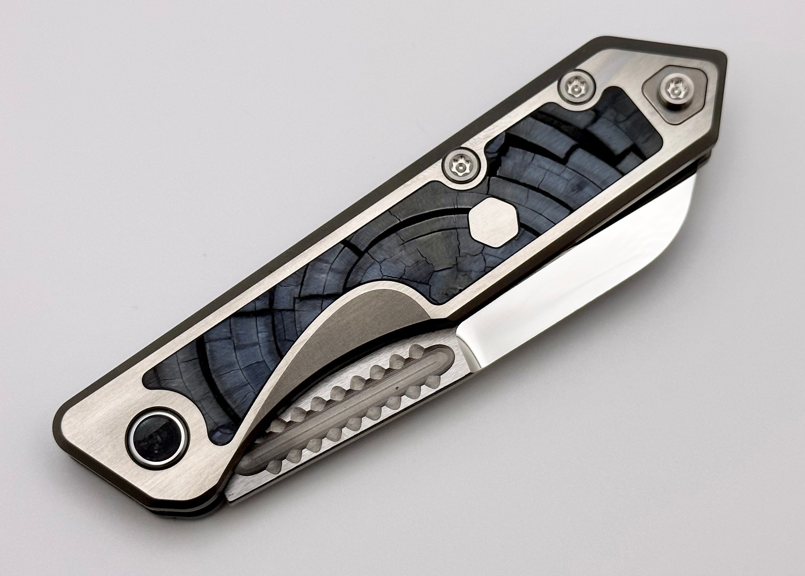 Premium Heretic Knives Jinn Custom Titanium Folding Knife with Mammoth Inset & Mirror Polished Elmax Blade