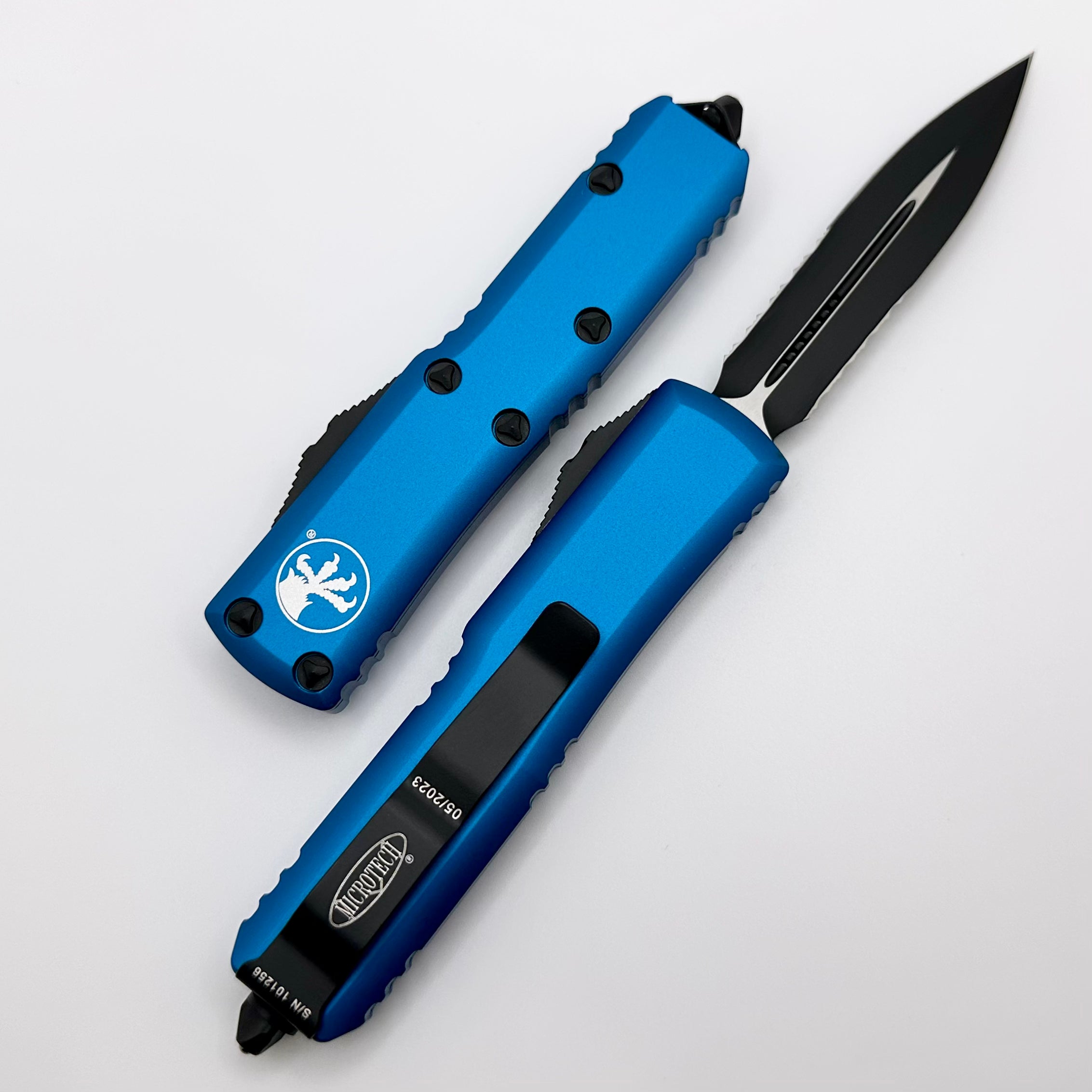 Premium Microtech UTX-85 Tactical Knife - Black Double Edge with Blue Handle