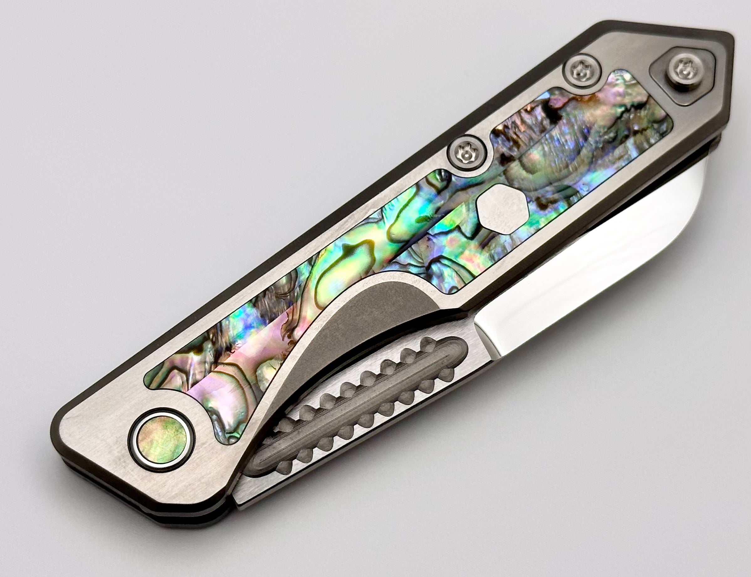 Heretic Knives Jinn Custom Titanium Folding Knife - Premium Abalone Inlay & Mirror Polished Elmax Blade