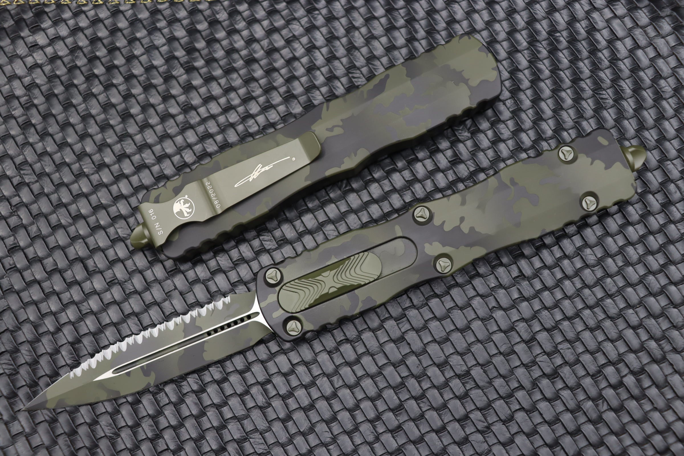 Microtech Dirac Delta Olive Camo Double Edge Fully Serrated Tactical Knife