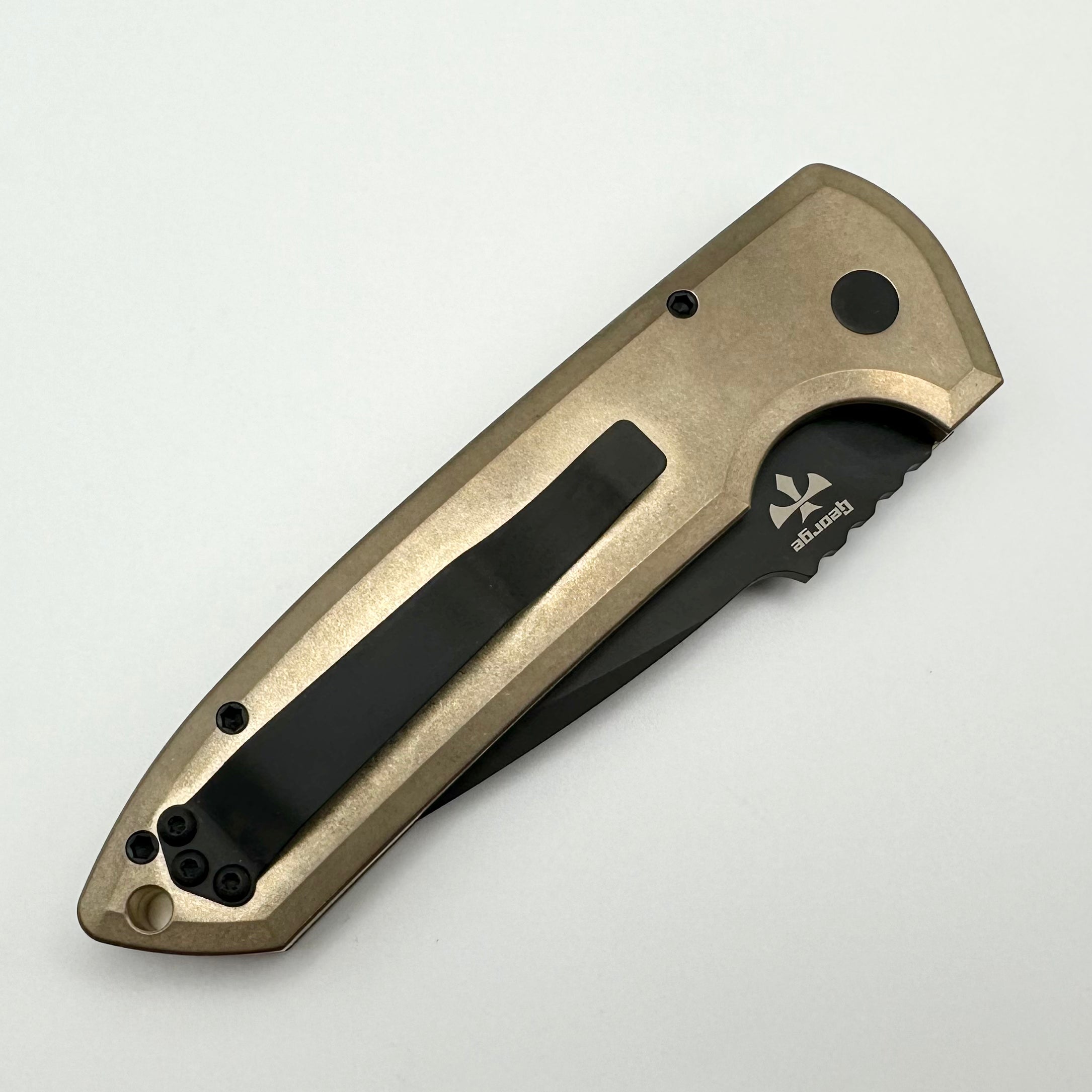 Pro-Tech Les George Rockeye Premium Folding Knife - Textured AlBronze Handle with Mother of Pearl Button & DLC CPM-D2 Blade