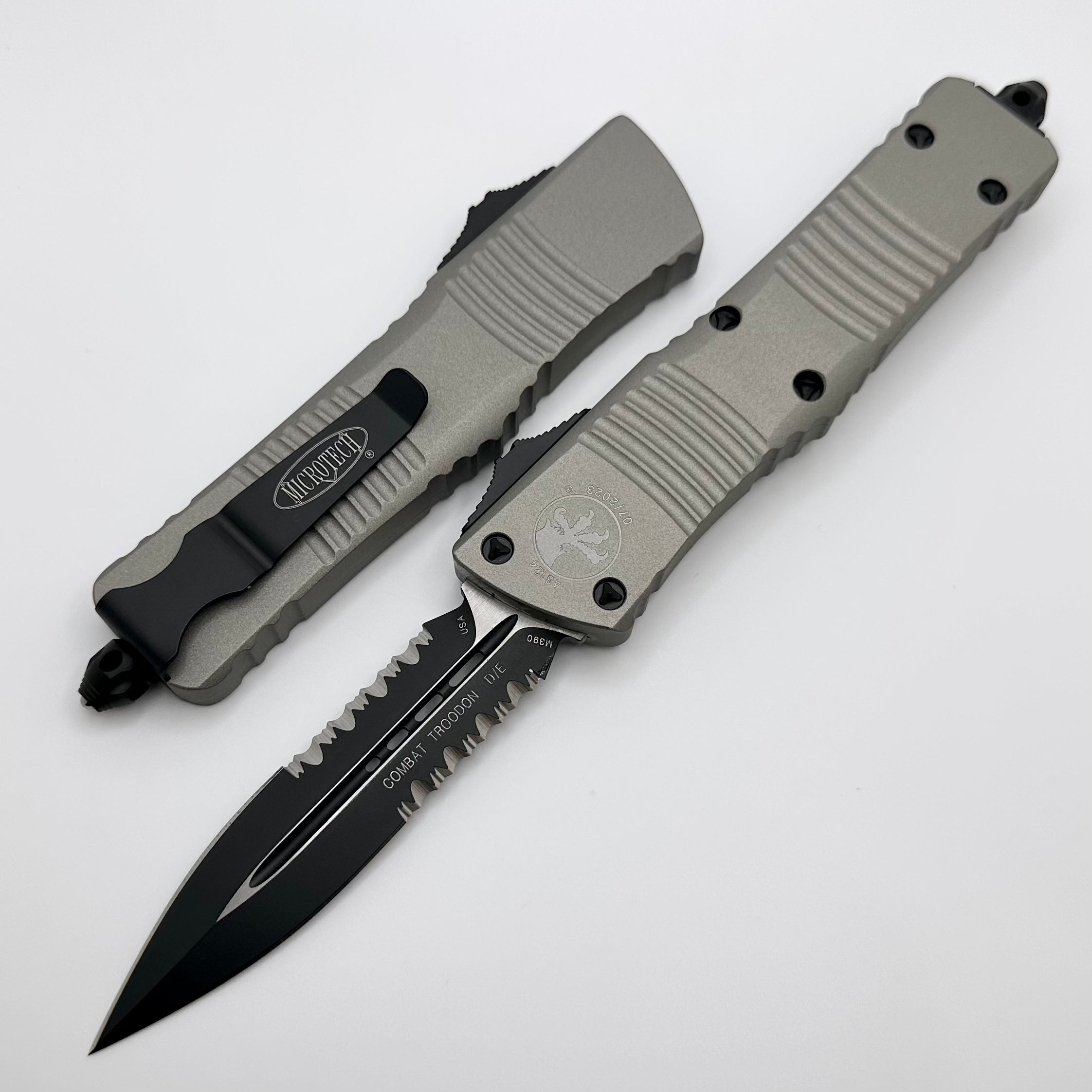 Premium Microtech Combat Troodon Titanium Gray & Black Serrated Double Edge Knife