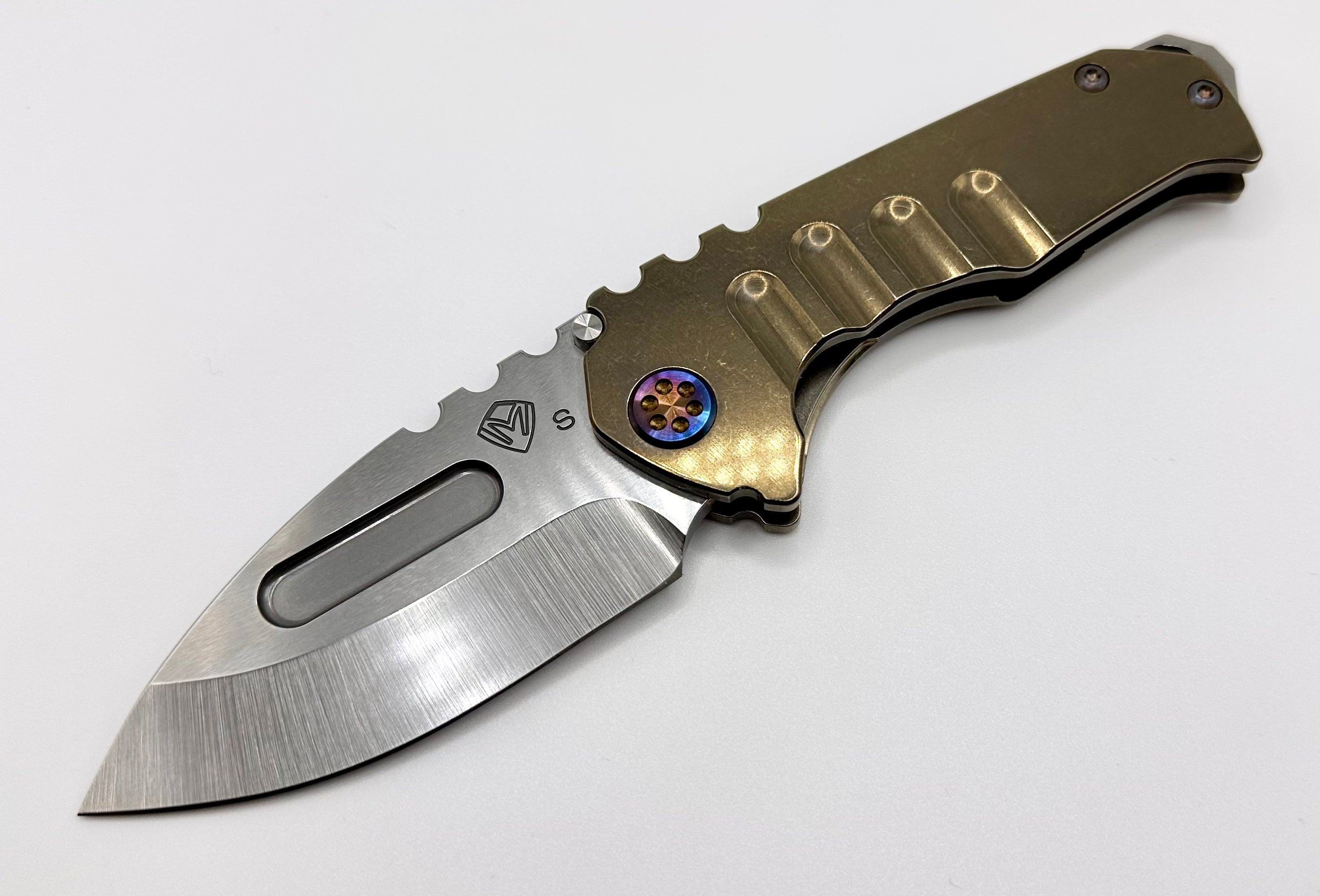 Medford Praetorian Genesis T S35VN Tumbled Drop Point Knife with Bronze Handles & Flamed Hardware