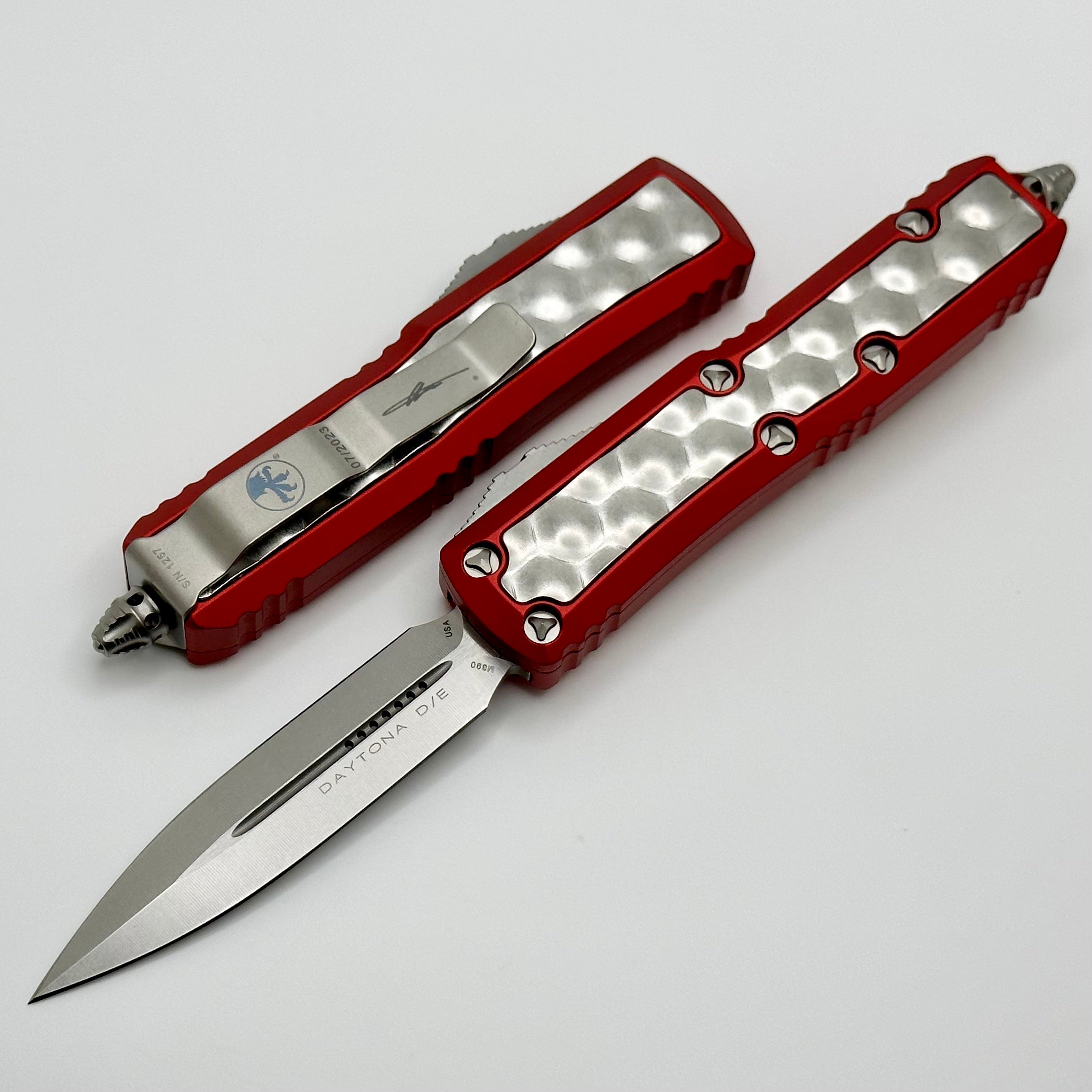 Microtech Red Daytona Premium Tactical Knife with Brute Bubble Inlays & Stonewash Double Edge