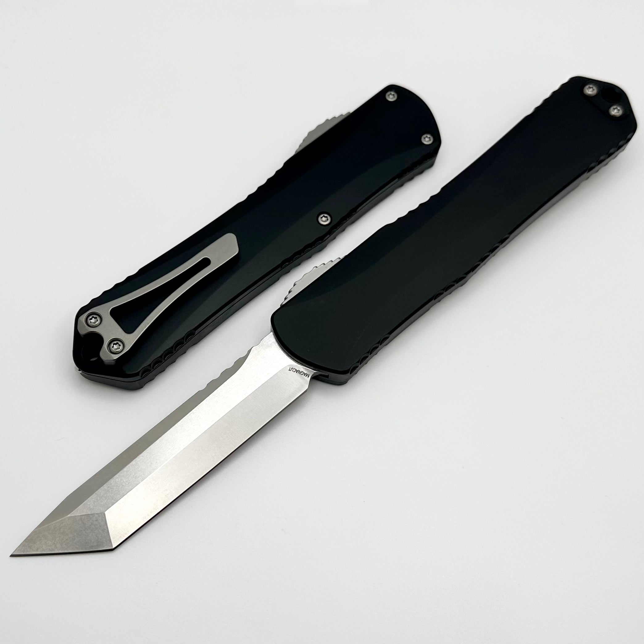 Heretic Knives Manticore X Premium OTF Knife - Black Handle & Stonewash Tanto MagnaCut