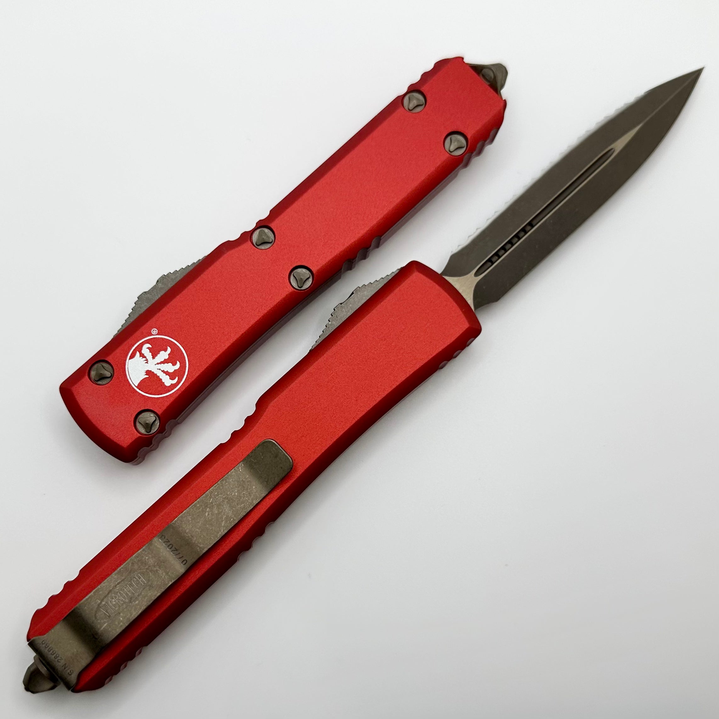 Microtech Ultratech Apocalyptic Bronze & Red Double Edge Serrated Knife - Ultimate Tactical OTF Blade