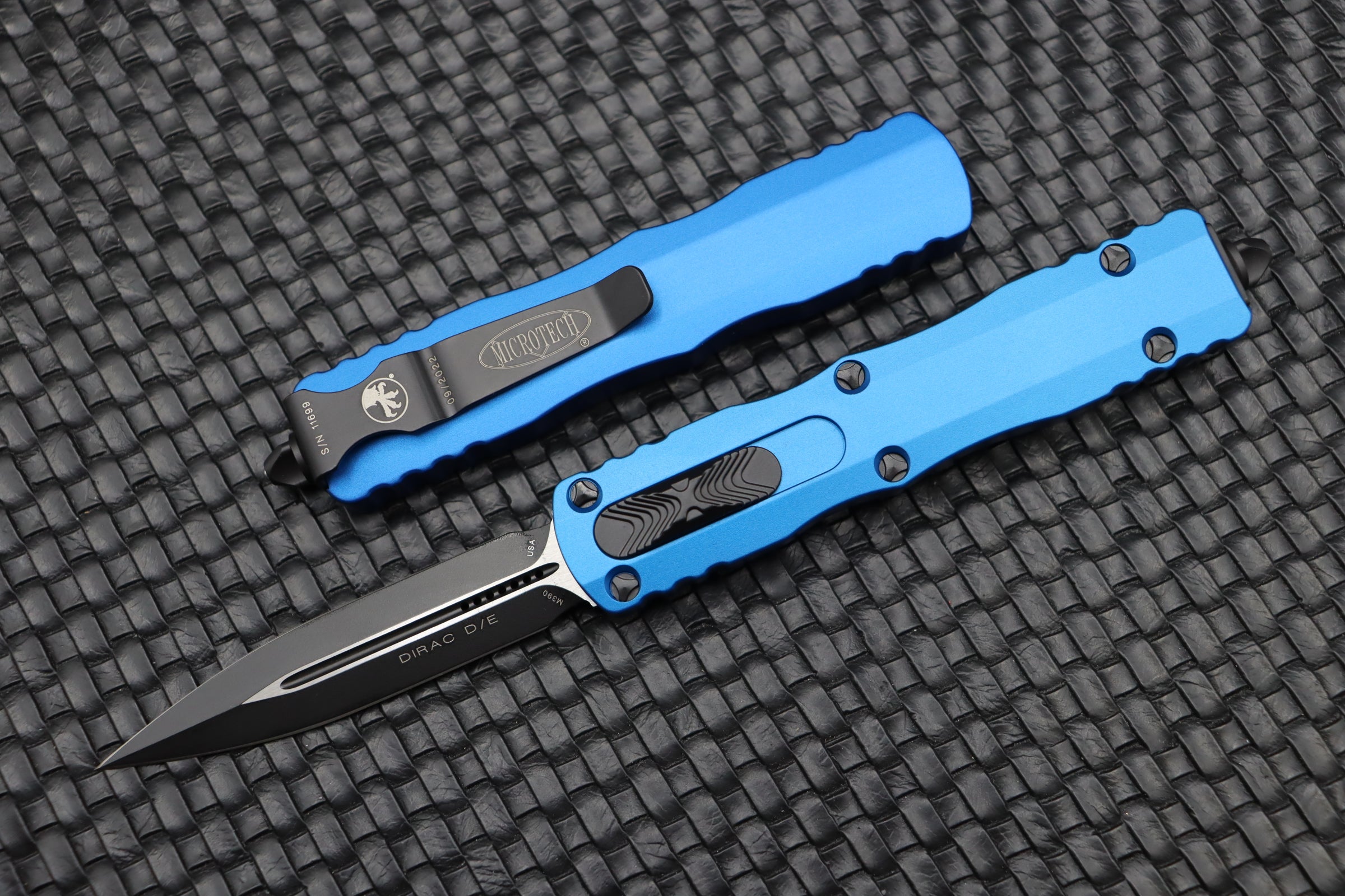 Microtech Dirac Double Edge Tactical Knife - Black & Blue OTF Design