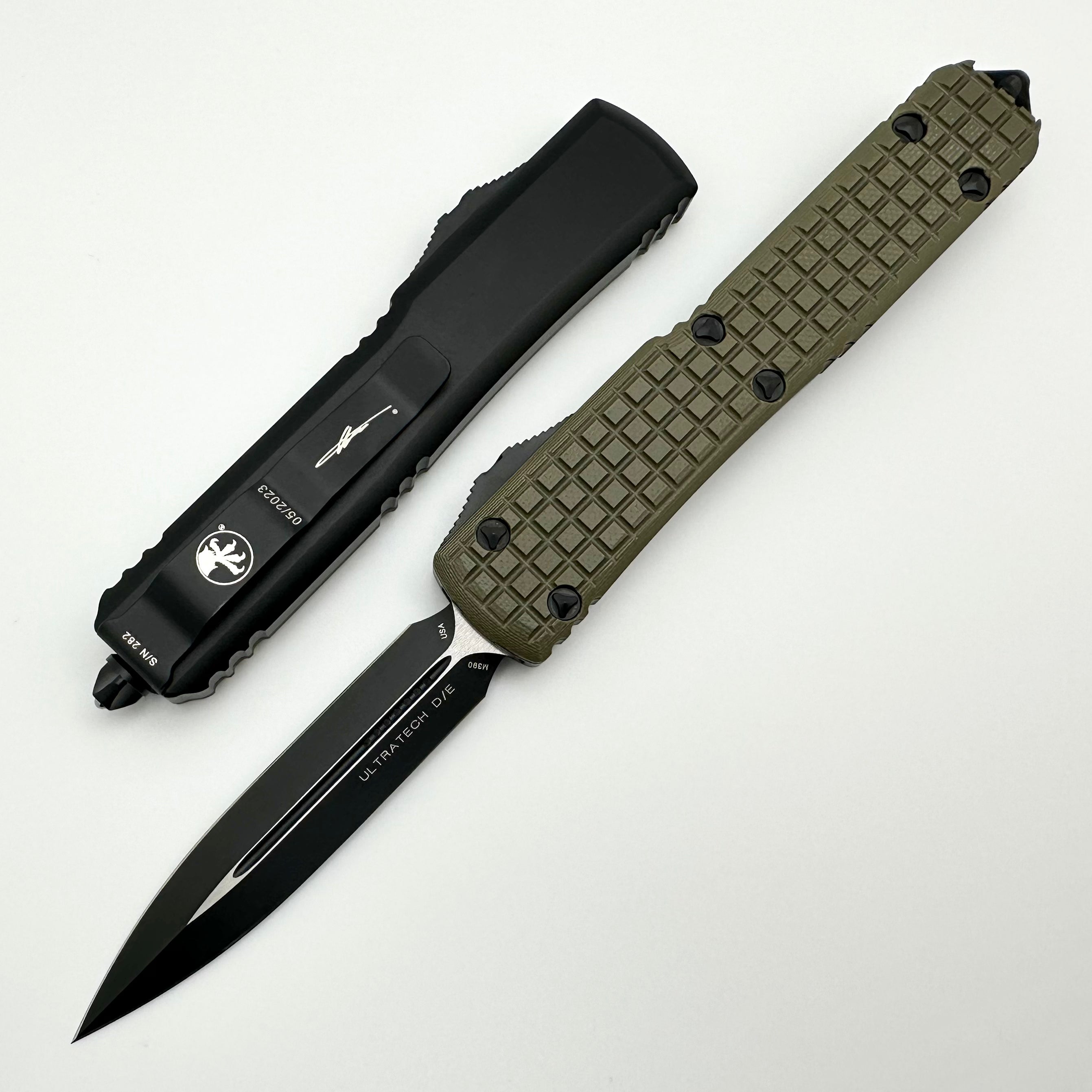 Microtech Ultratech Tactical Knife - OD Green Frag G-10 Top, Double Edge Signature Series