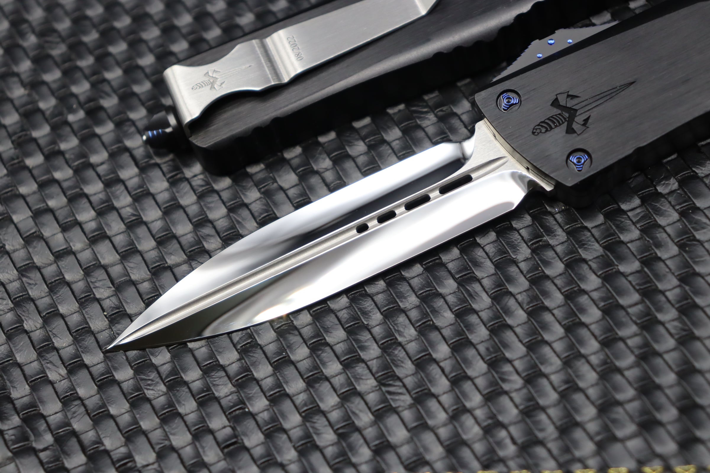 Premium Marfione Custom Combat Troodon Knife - Mirror Polish, Black Handle & Blue Ringed Hardware