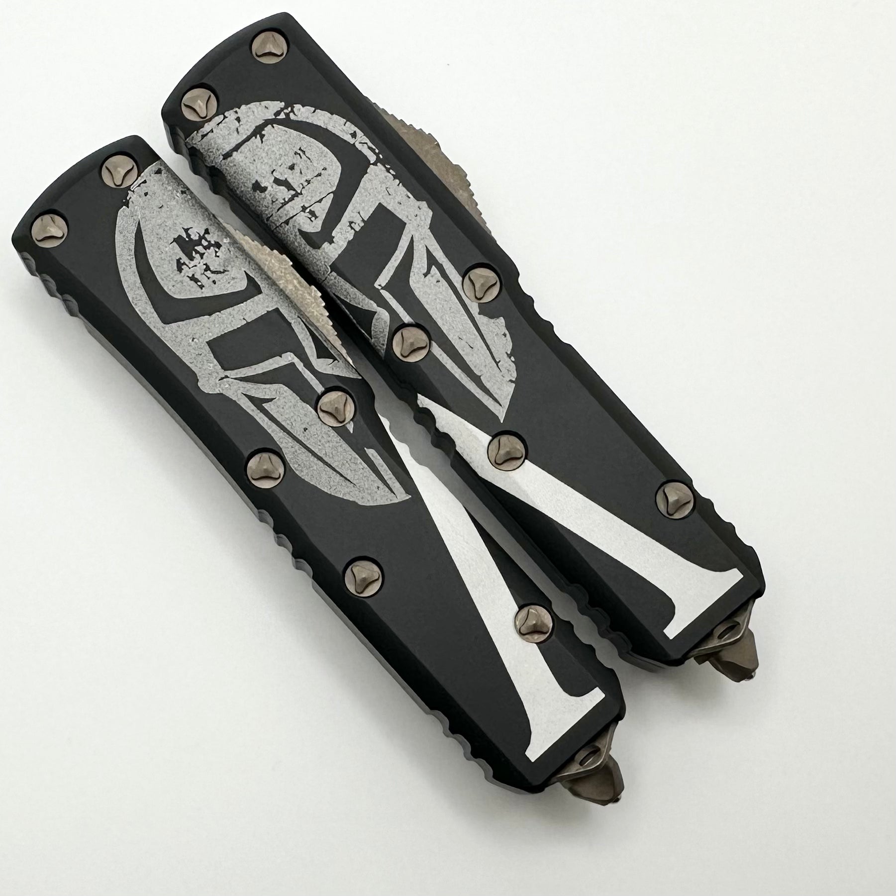 Microtech UTX-85 Signature Series: Premium Molon Labe Hellhound & Warhound Set in Bronze Apocalyptic Finish