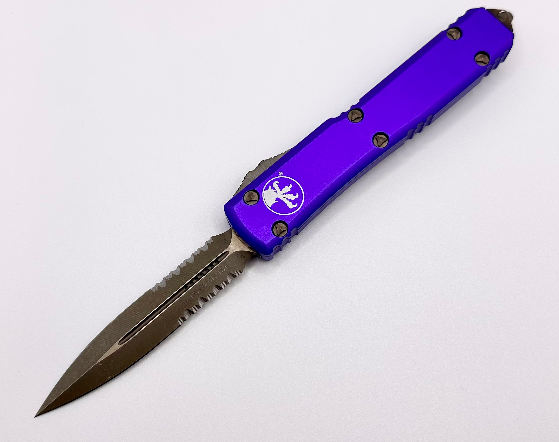 Premium Microtech Ultratech OTF Knife - Bronze Apocalyptic & Purple Double Edge