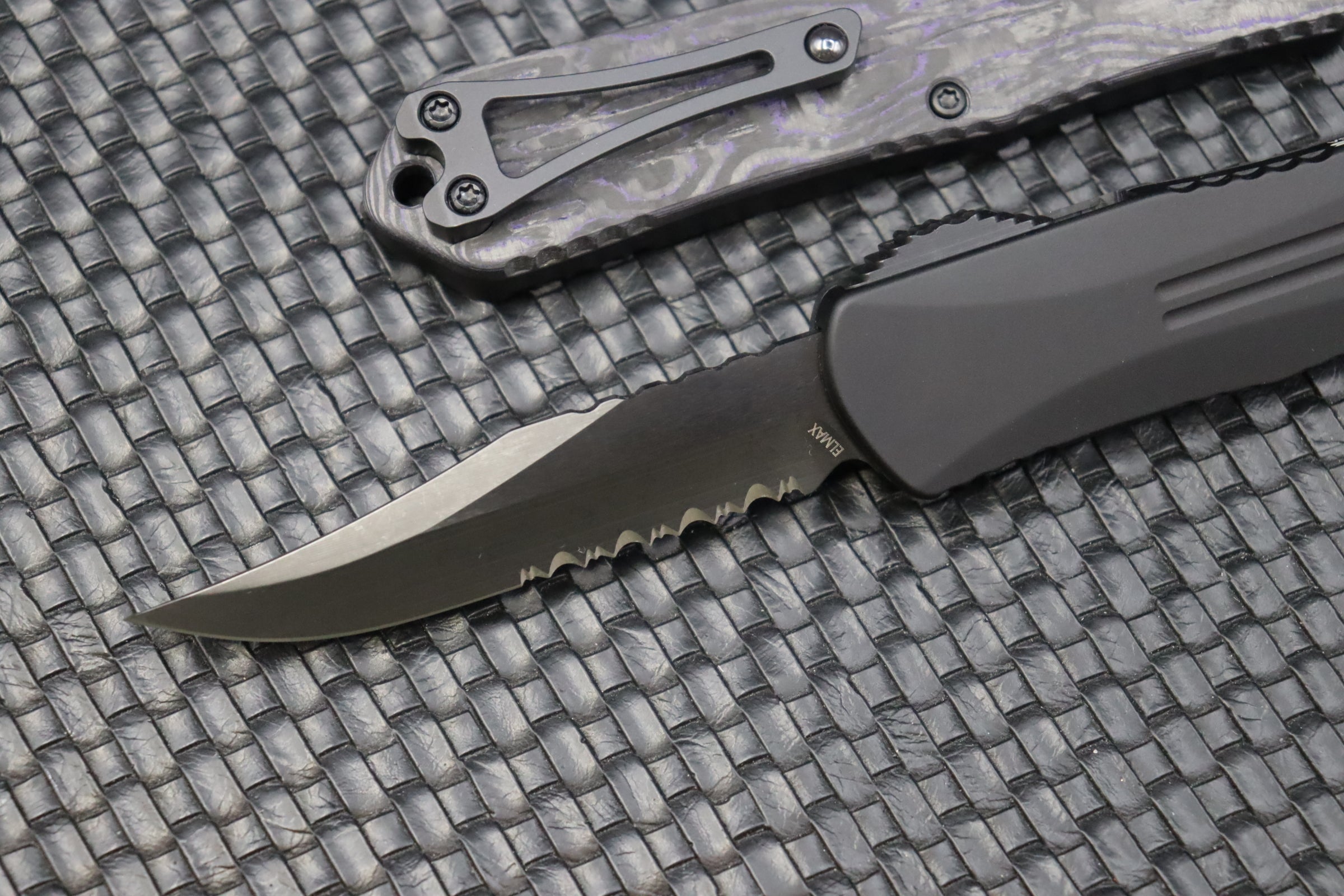 Heretic Knives Manticore E Serrated Bowie Tactical OTF Knife - DLC & Purple Camo Carbon