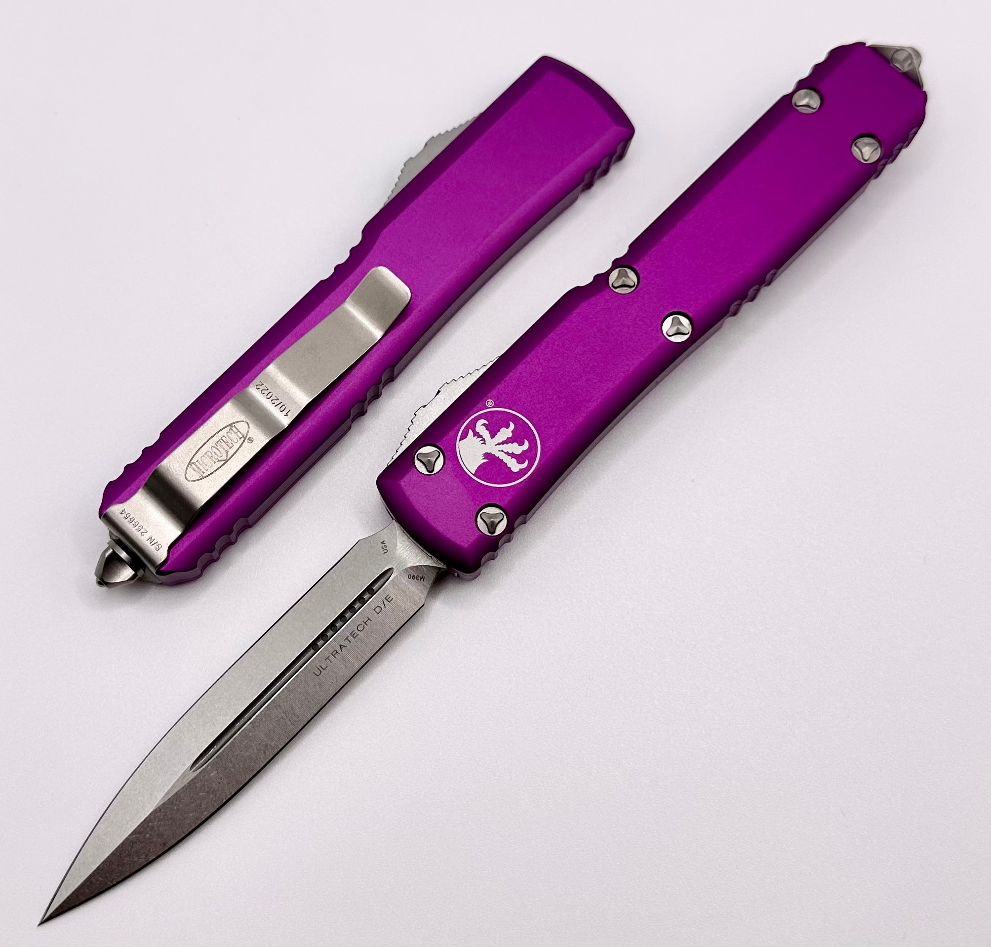 Premium Microtech Ultratech Double Edge Knife - Stonewash Finish & Violet Handle