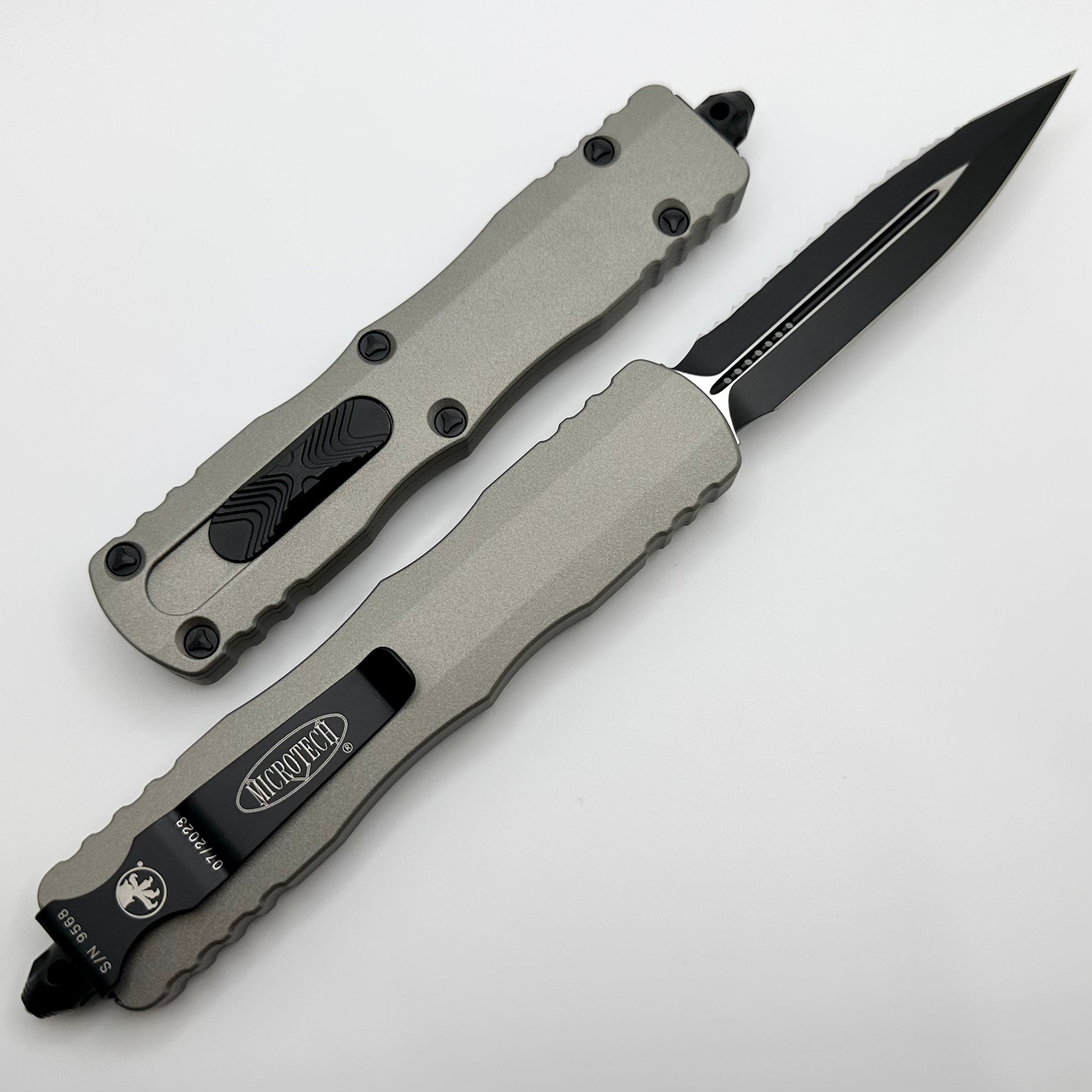 Microtech Dirac Delta Ultimate Double Edge Serrated Titanium Gray OTF Knife