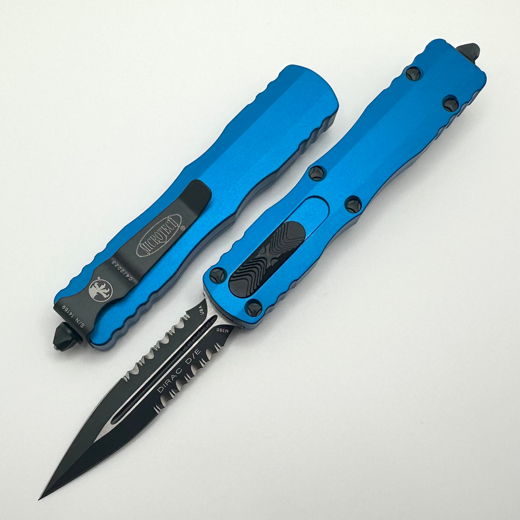 Microtech Dirac Premium Double Edge Tactical Knife - Black Partial Serrated & Blue