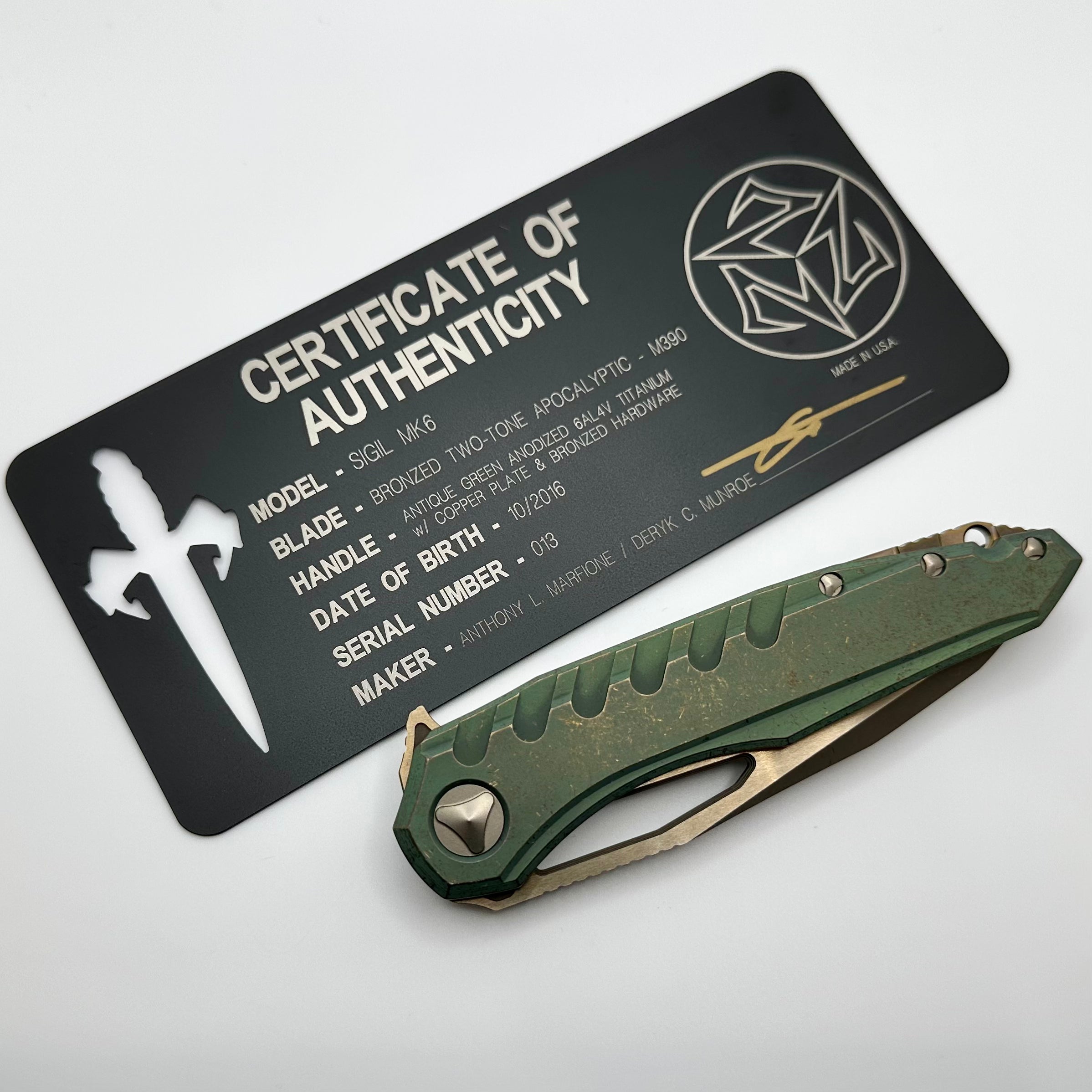 Premium Marfione Custom Sigil MK6 Knife - Antique Green & Bronzed Apocalyptic Finish