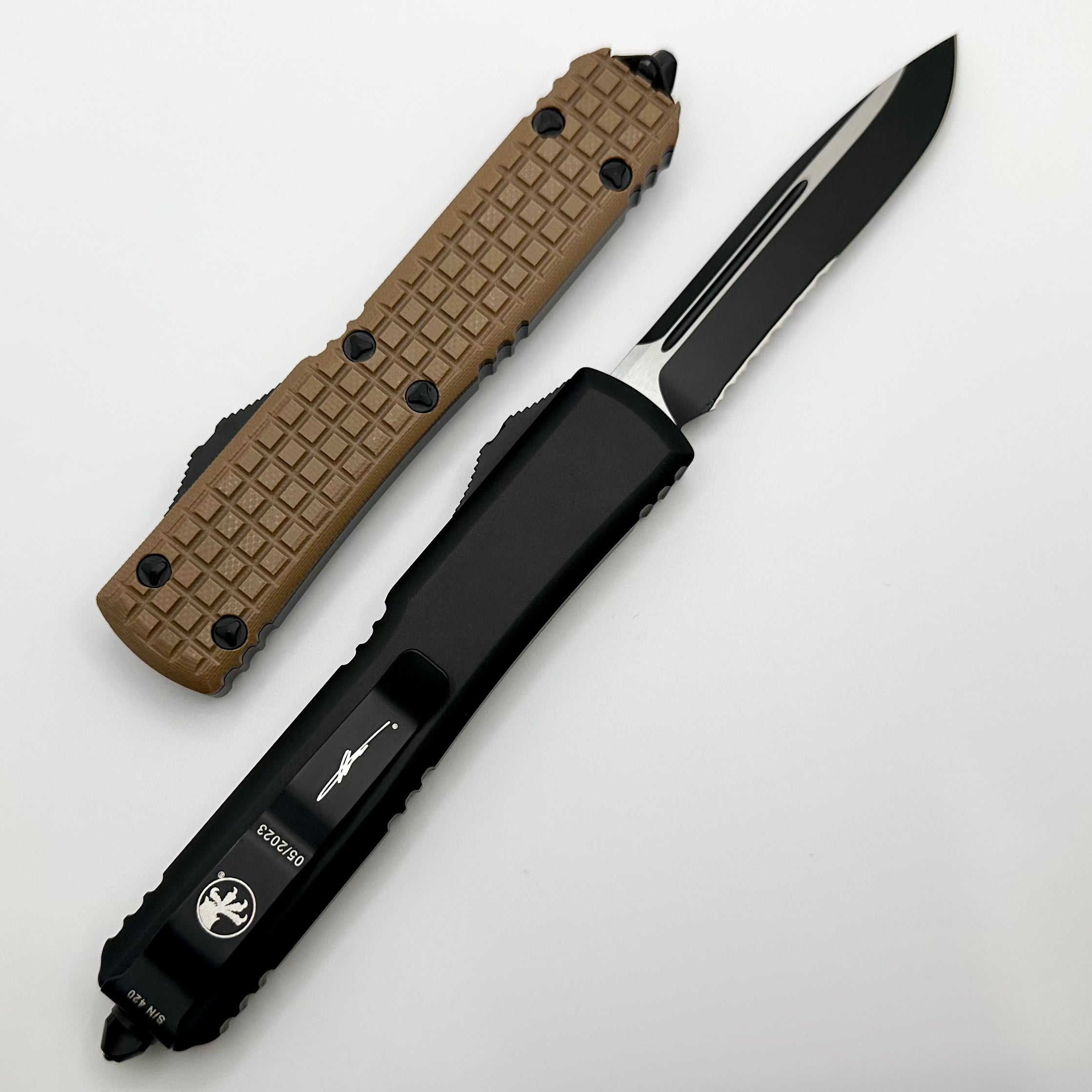 Microtech Ultratech Tactical Knife - Premium Tan G-10 Handle, Partial Serrated M390 Blade